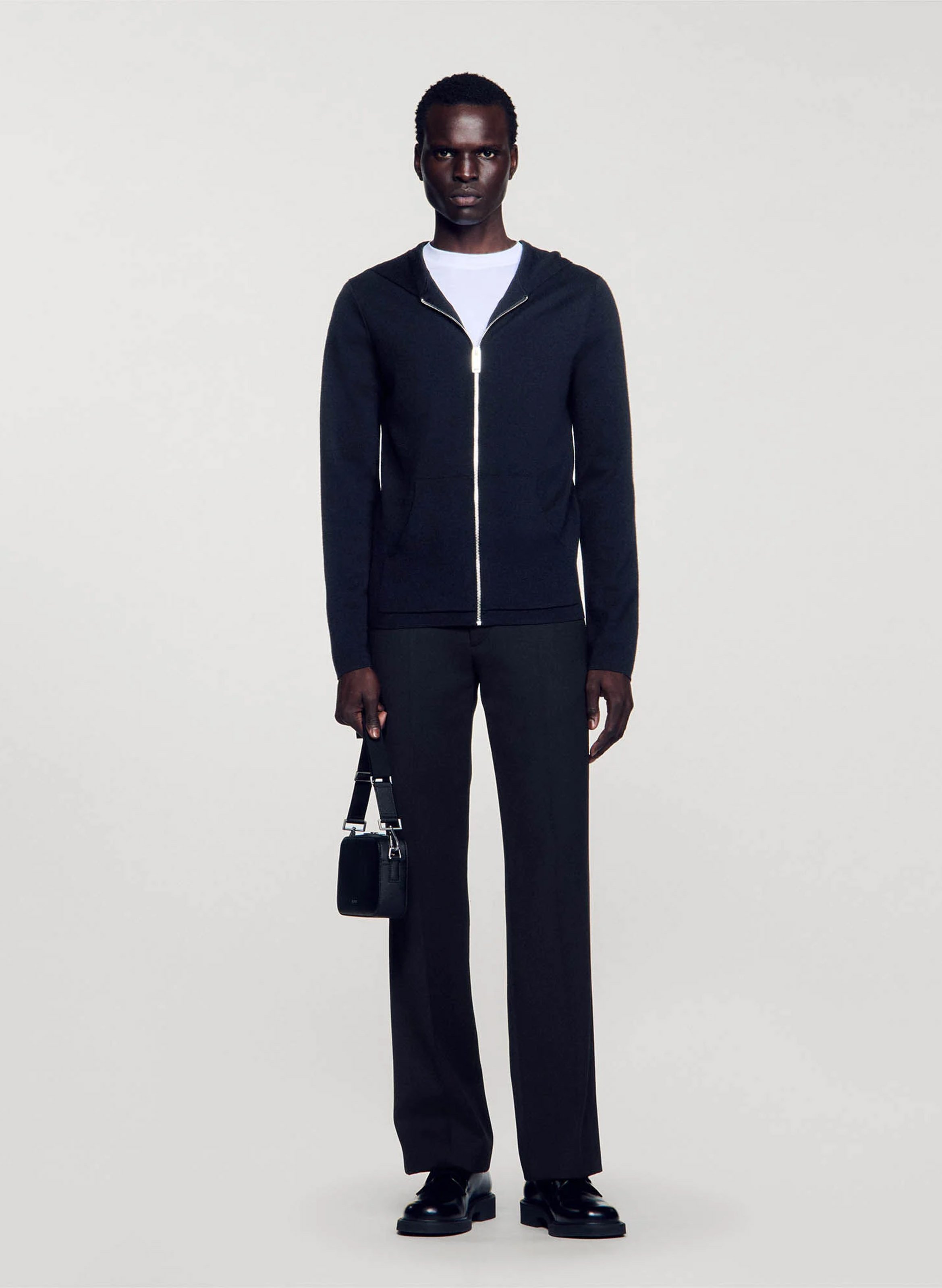 Gilet regular-fit  à capuche zippé en laine SANDRO Noir