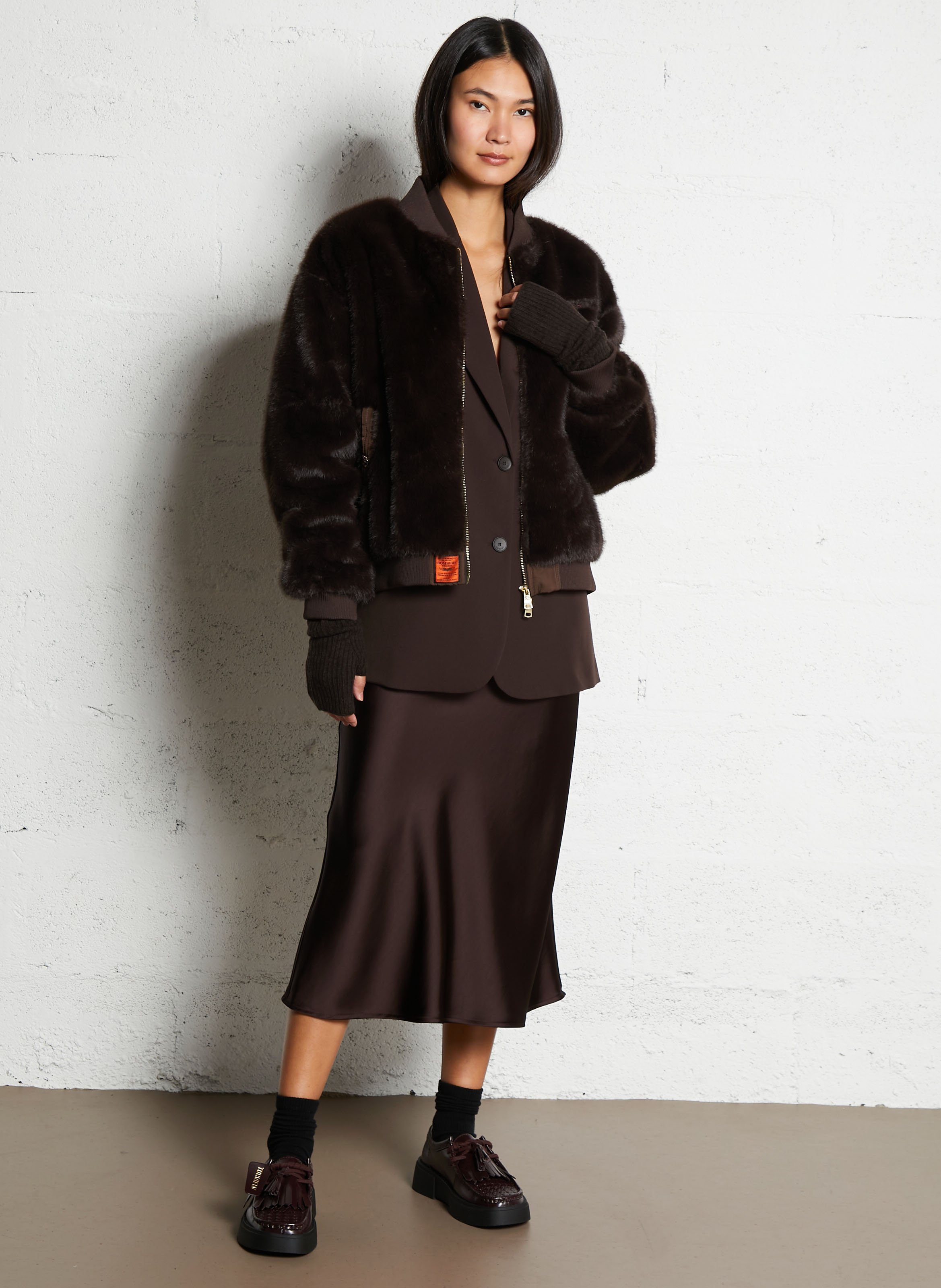 Blouson zippé en fausse fourrure unie BOMBERS ORIGINAL Marron