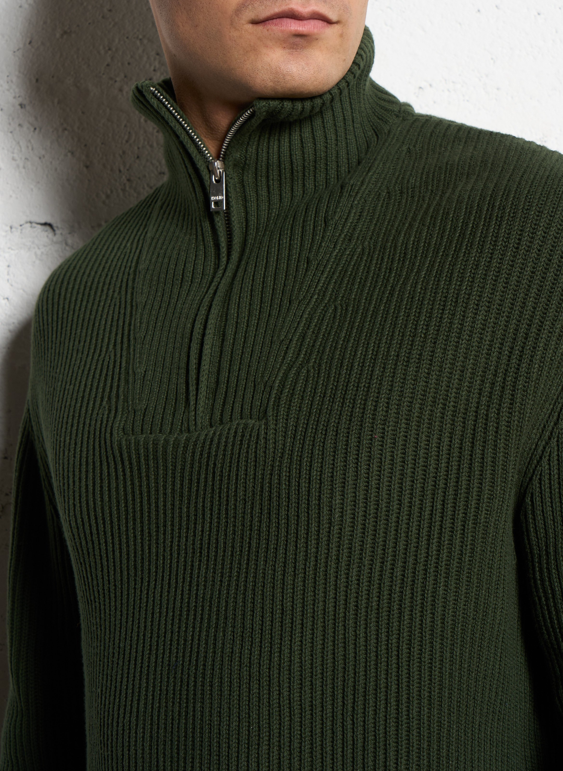 High-neck straight-cut cotton sweater SOLID Green