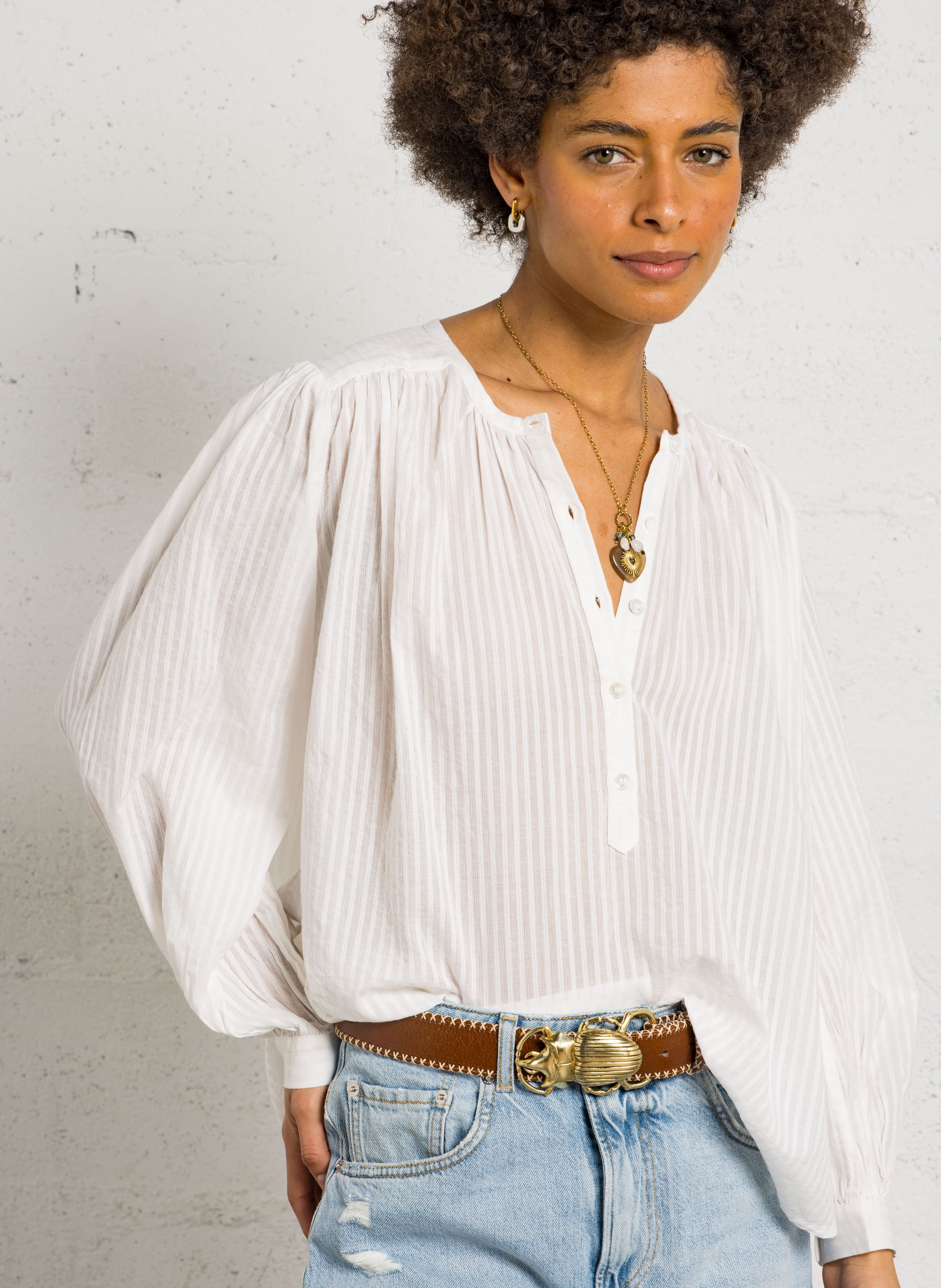 Round neck buttoned cotton blouse DES PETITS HAUTS