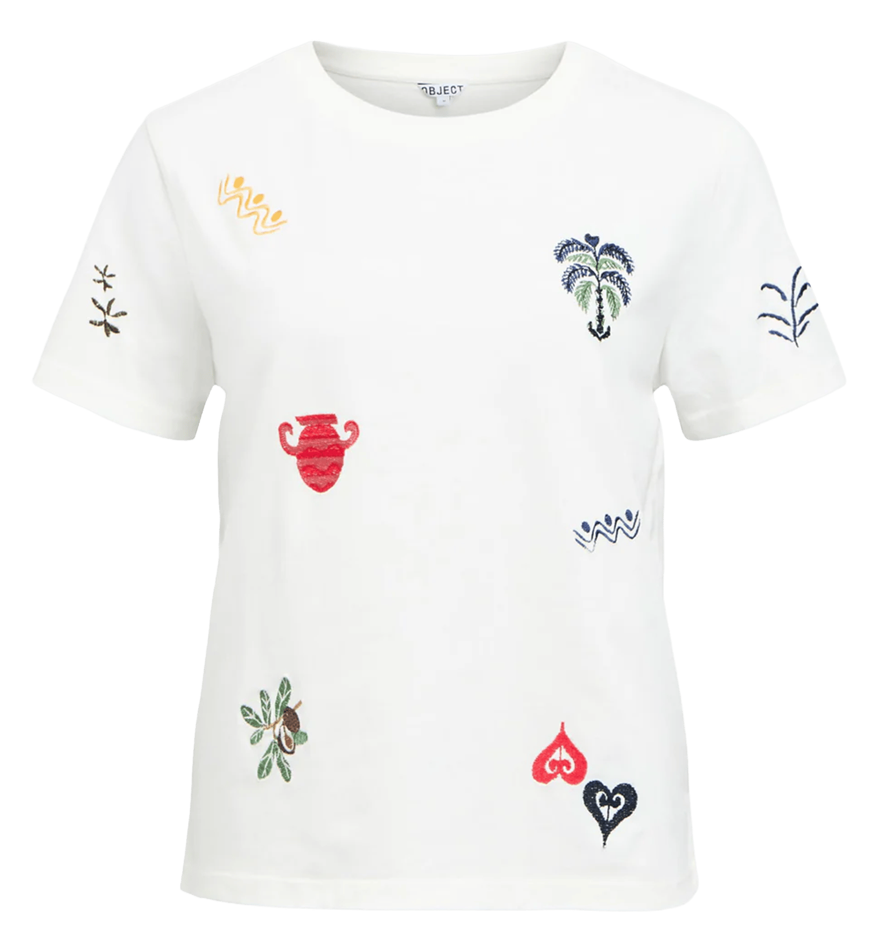 Straight-cut round-neck T-shirt in embroidered cotton OBJECT Beige