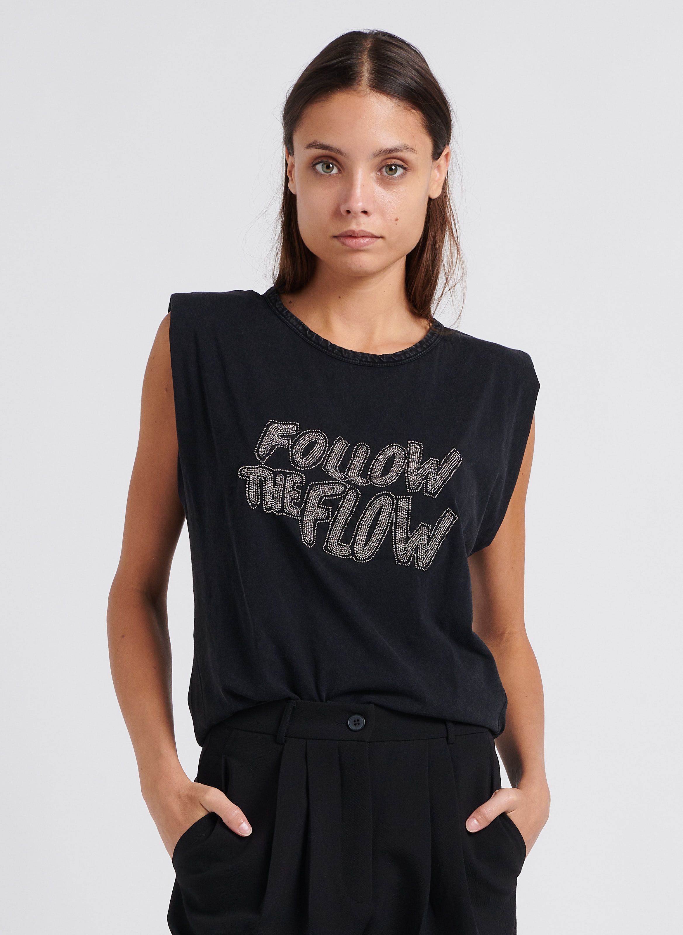 Tee shirt Col Rond Droit En Coton Noir Ikks Femme Place des