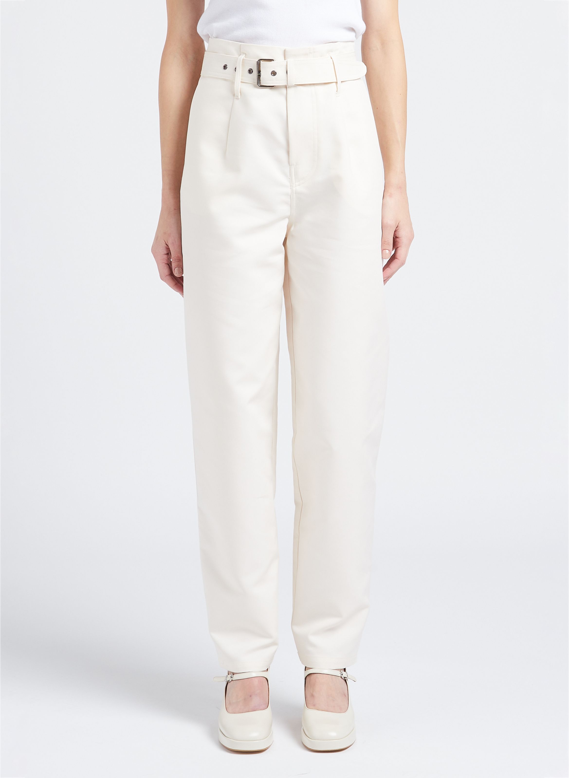 Beige Wide-leg cotton-blend pants with belt
