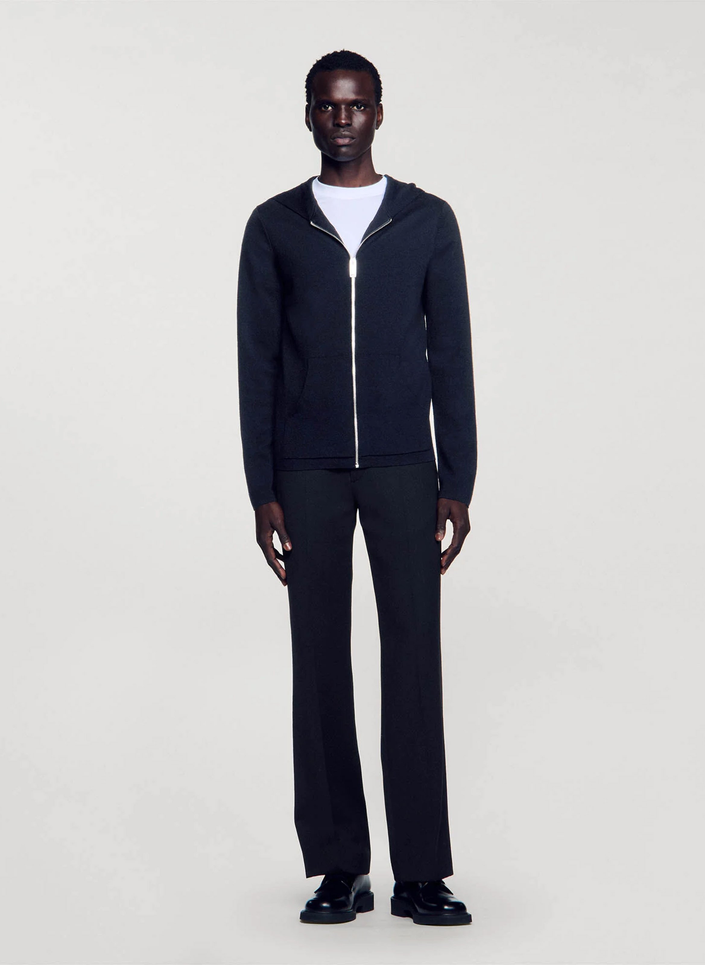 Gilet regular-fit  à capuche zippé en laine SANDRO Noir