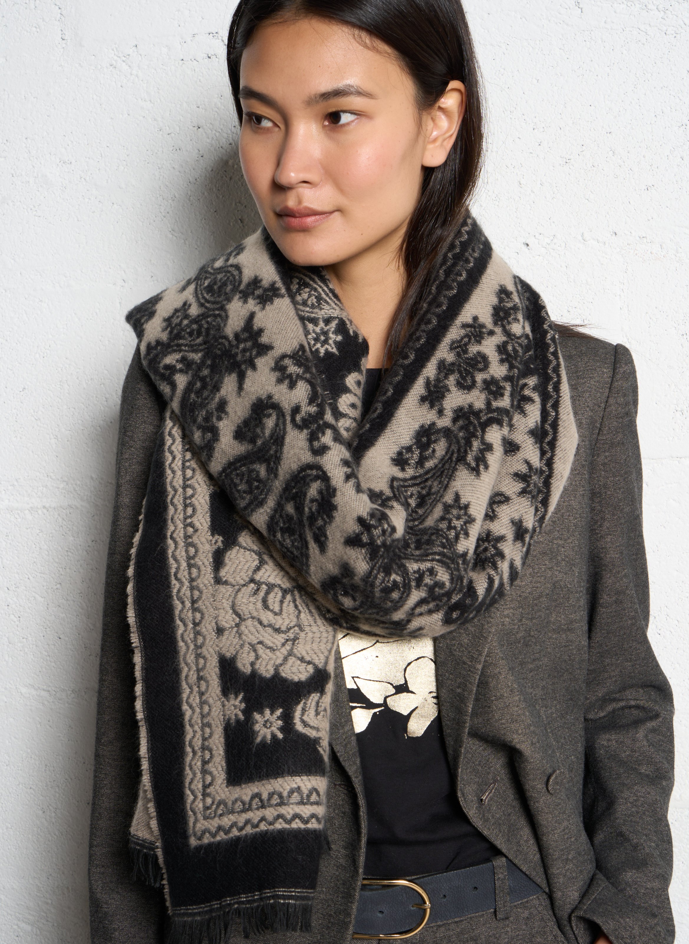 Echarpe imprimée finitions frangées ONE STEP Noir