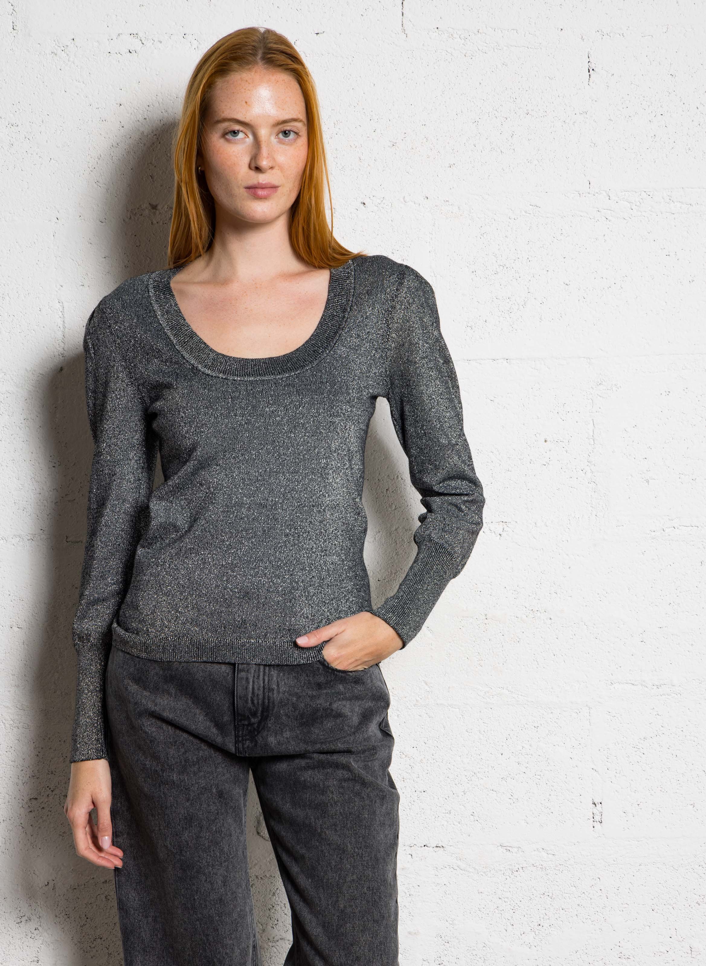 Gerade geschnittener Rundhalsausschnitt-Pullover aus metallischer Baumwolle BERENICE Grau