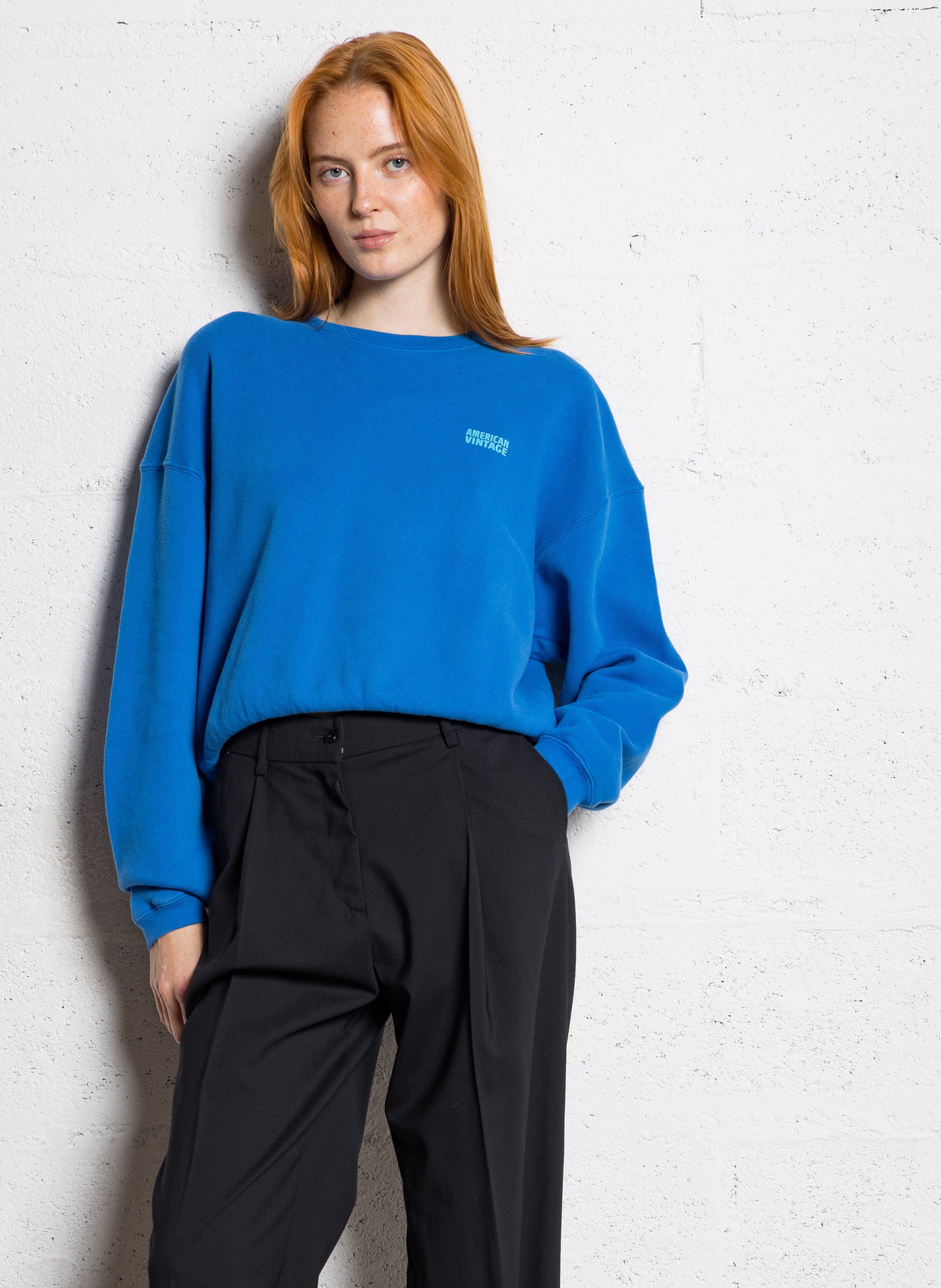 Short round-neck cotton-blend sweatshirt AMERICAN VINTAGE Blue