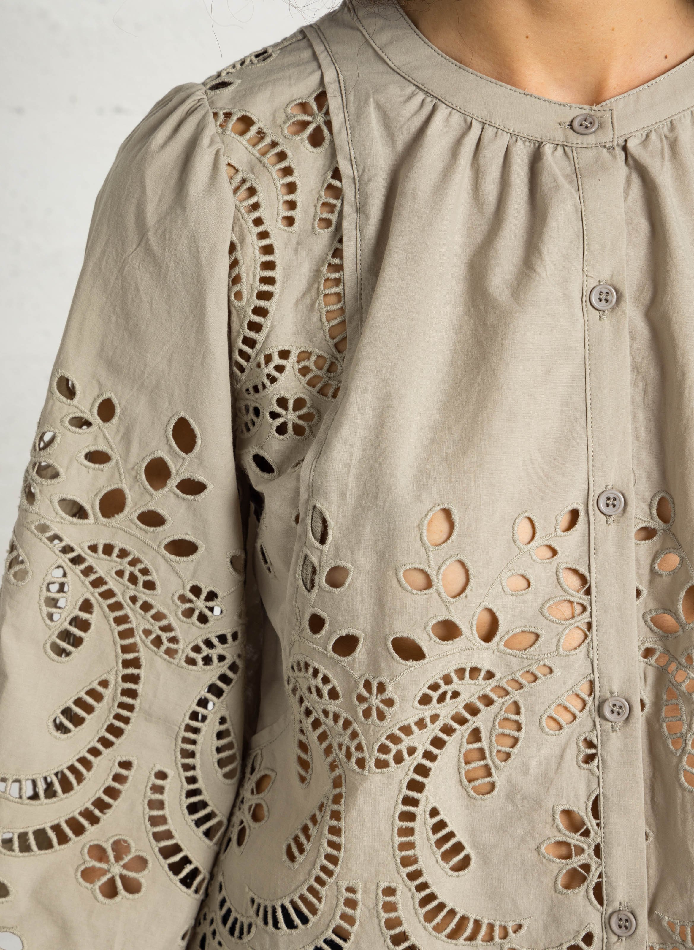 Bestickte Baumwollbluse mit Rundhalsausschnitt SEE U SOON Khaki