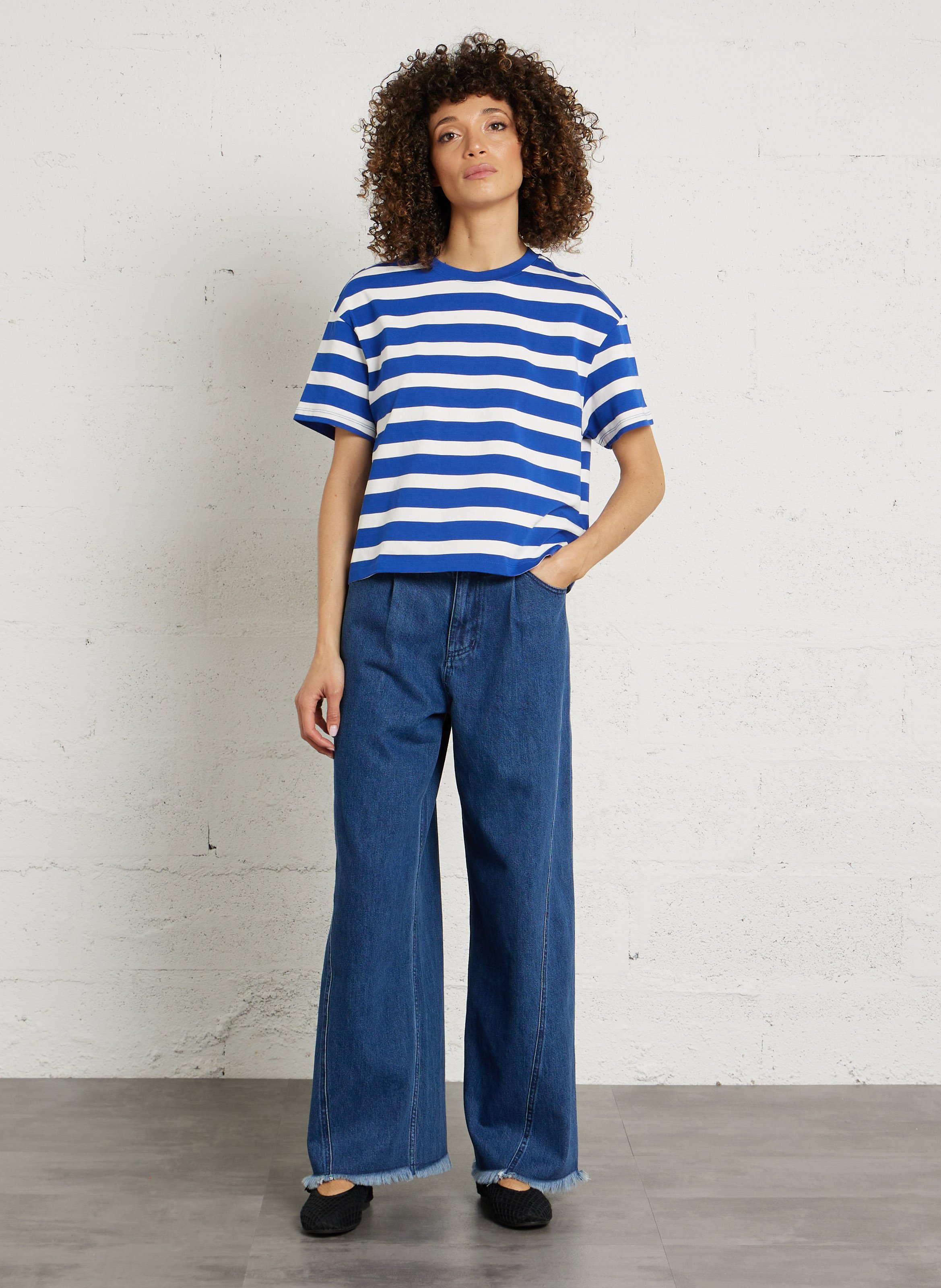 Tee-shirt oversize col rond en coton DES PETITS HAUTS Bleu