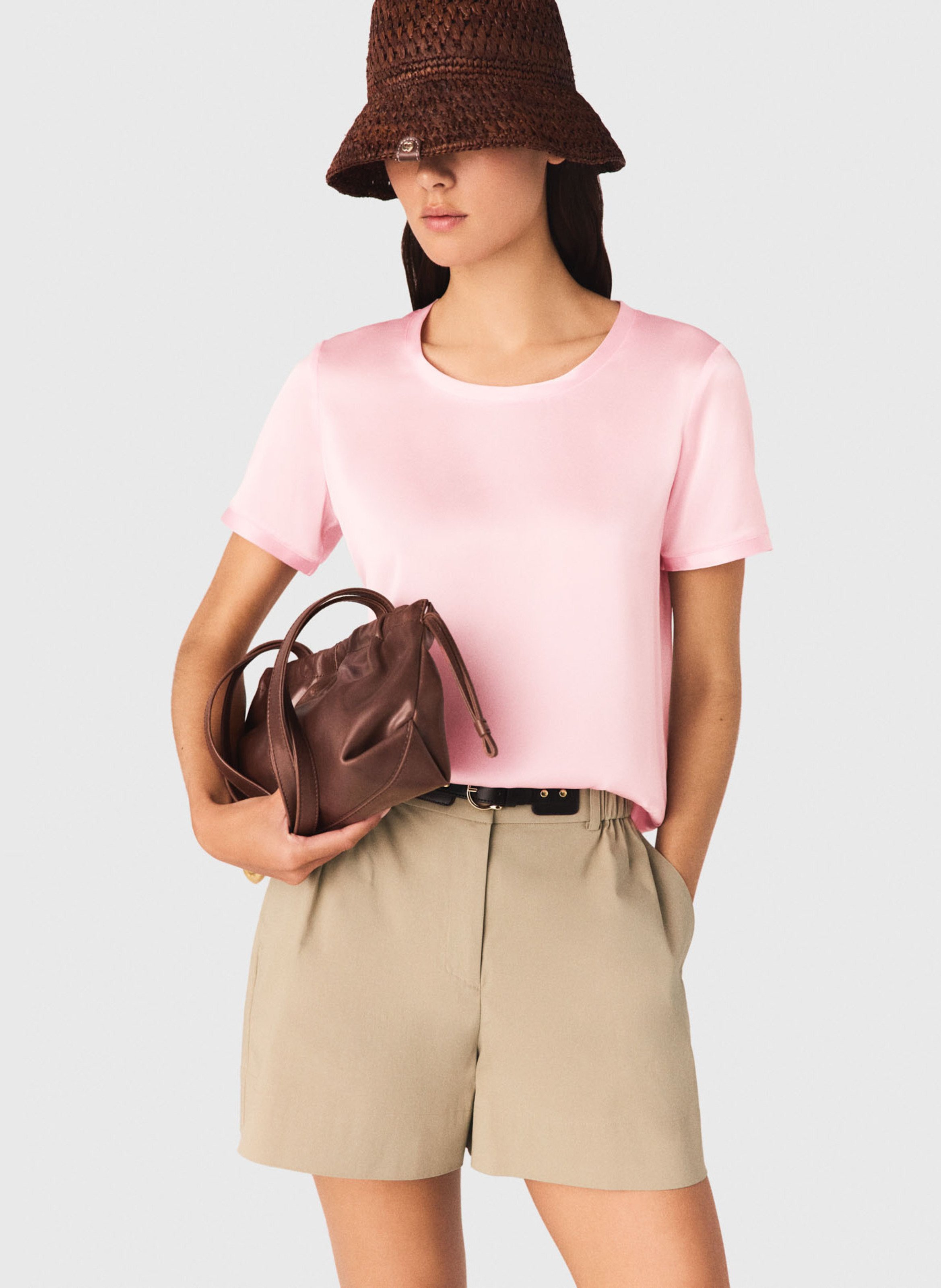 T-shirt droit col rond en soie mélangée MAJE Rose