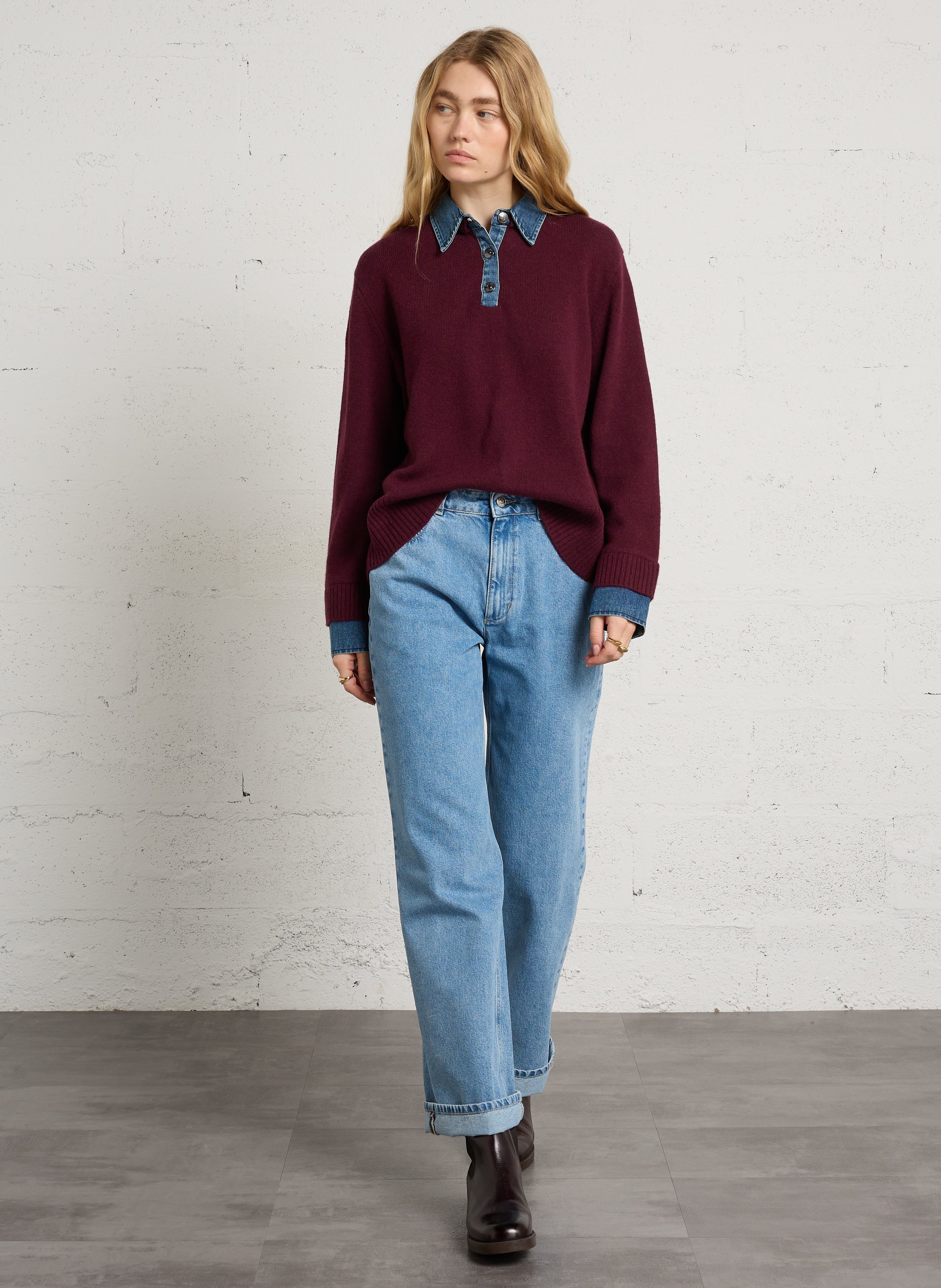 Pull droit col classique en laine BERENICE Prune