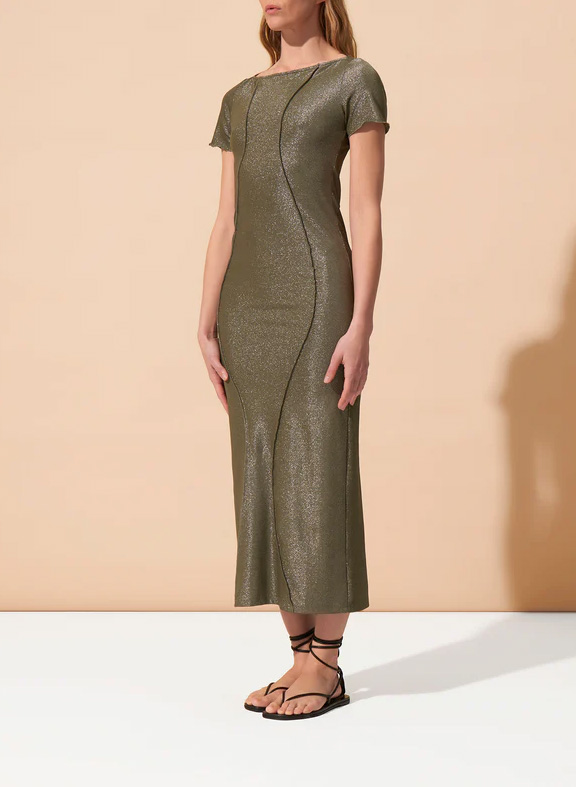 Long form-fitting dress with ruffles and metallic threads FETE IMPERIALE Green