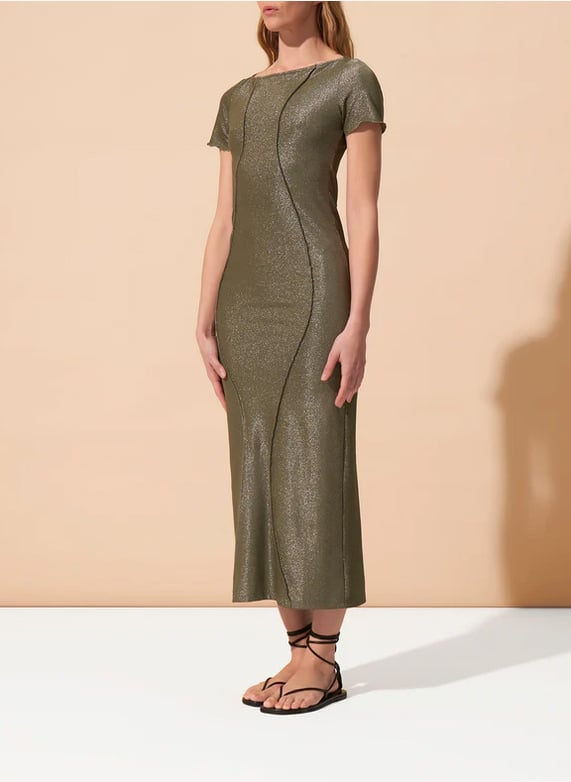 Long form-fitting dress with ruffles and metallic threads - 36 Long form-fitting dress with ruffles and metallic threads - 36