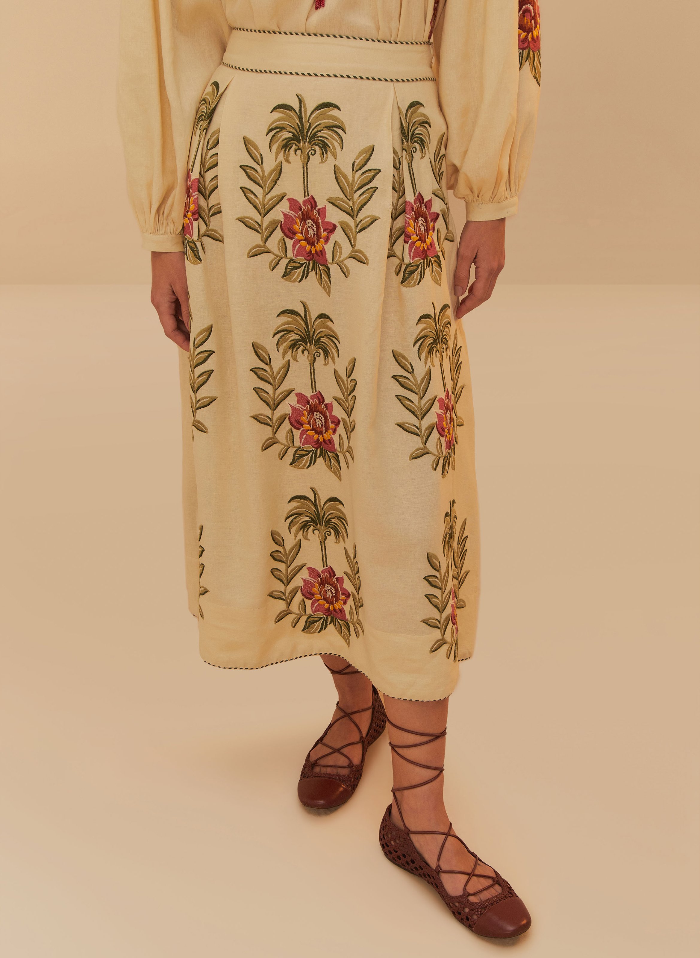 Jupe midi évasée à broderies FARM RIO Beige