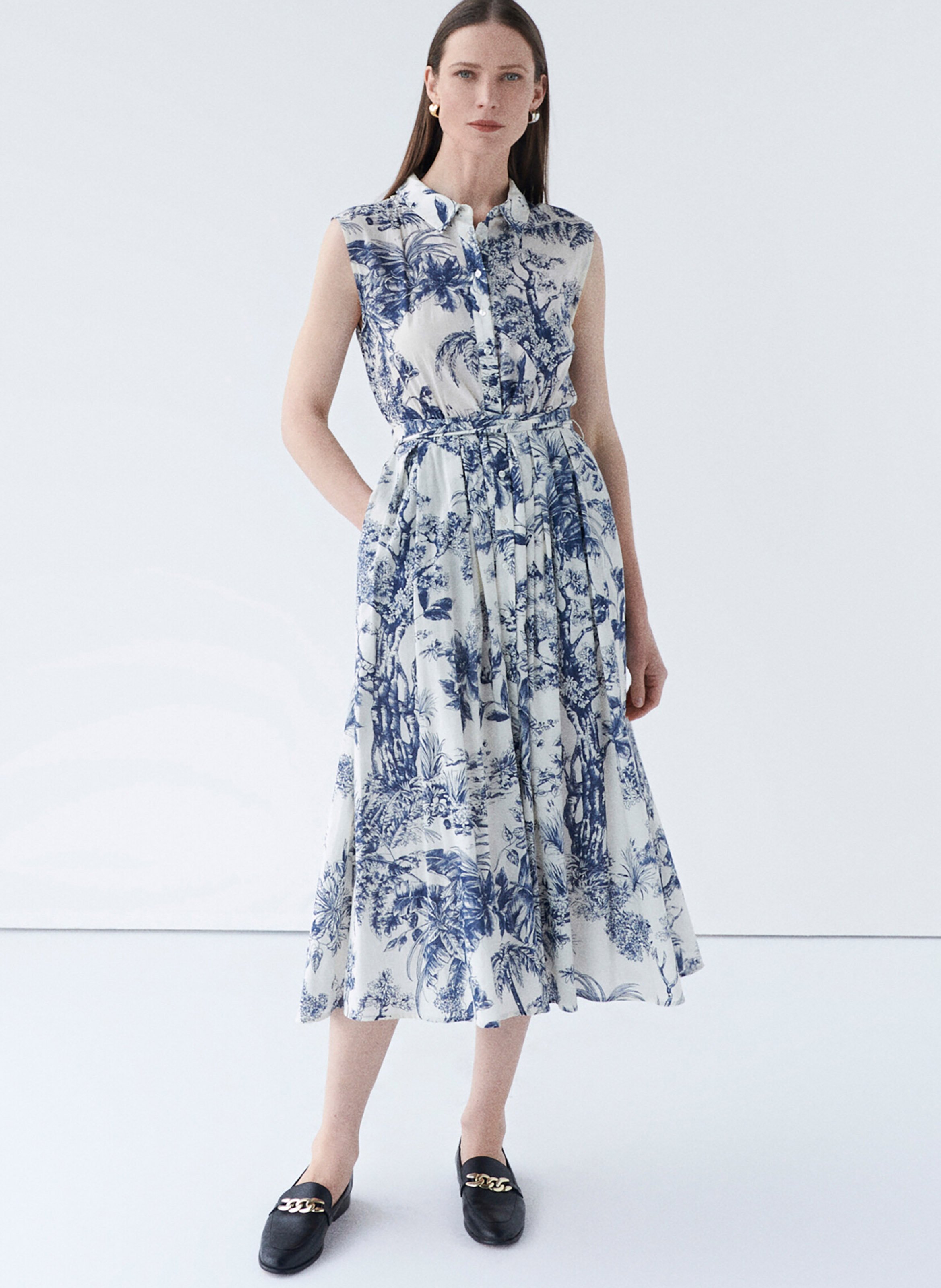 Robe midi fluide ceinturée à motifs CAROLL Bleu