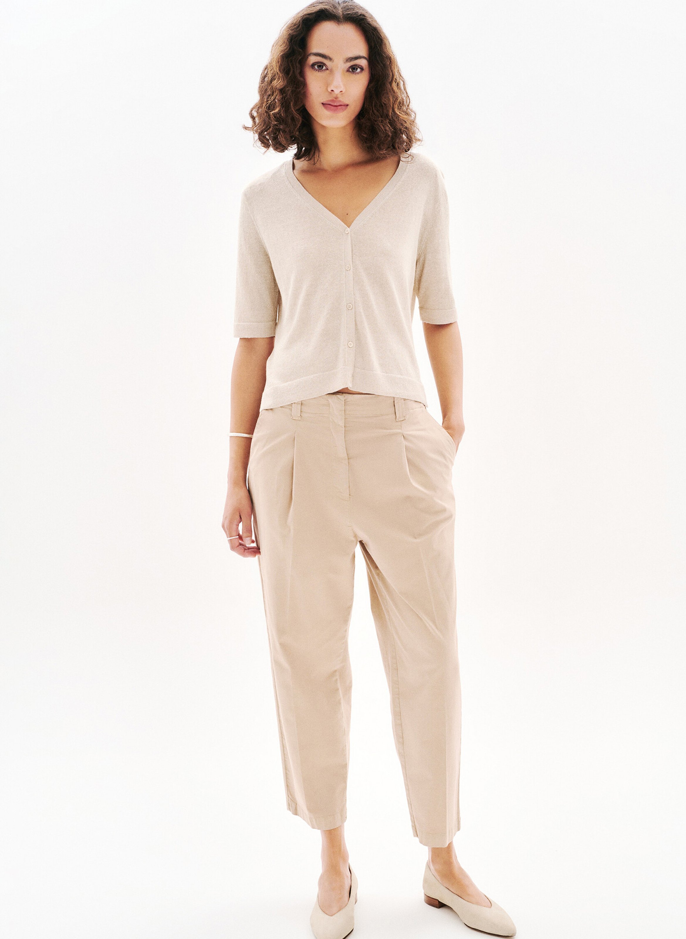 Cardigan met V-hals en korte mouwen Beige