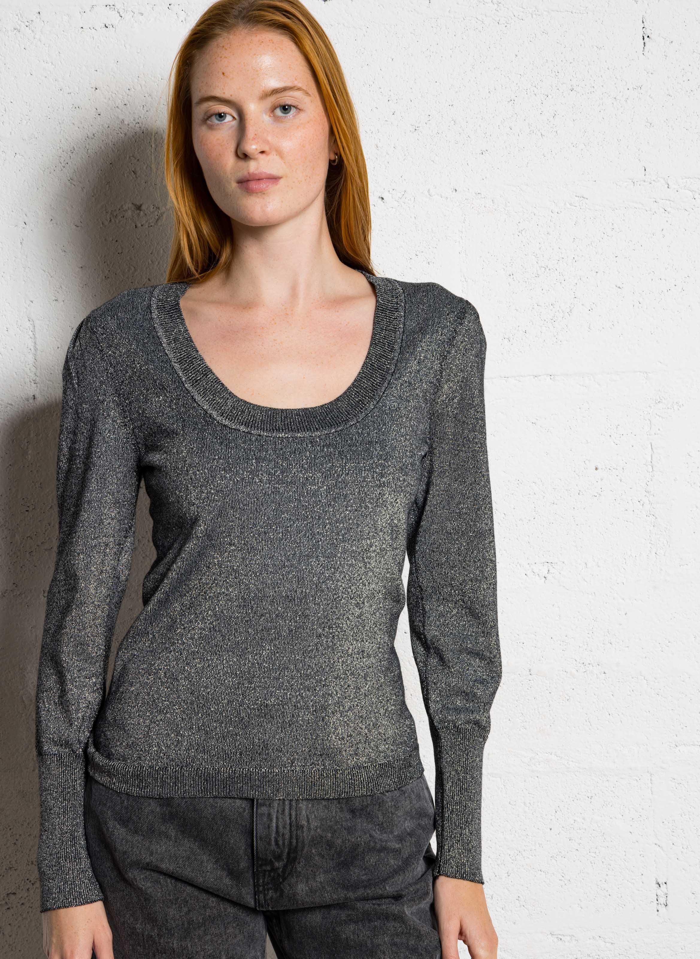 Gerade geschnittener Rundhalsausschnitt-Pullover aus metallischer Baumwolle BERENICE