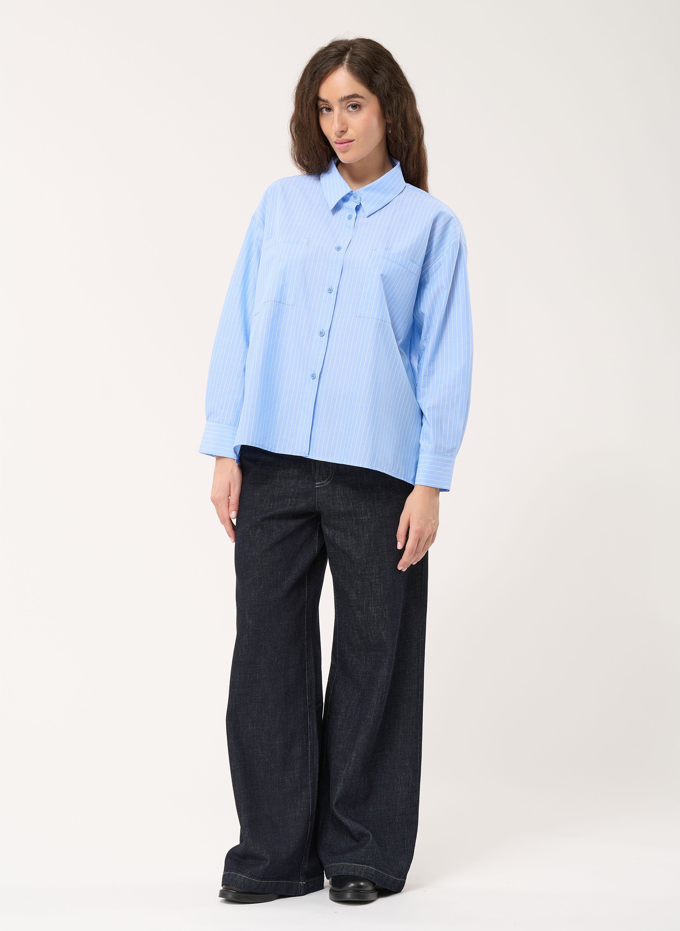 Chemise ample col classique rayée en coton mélangée HUMILITY Bleu