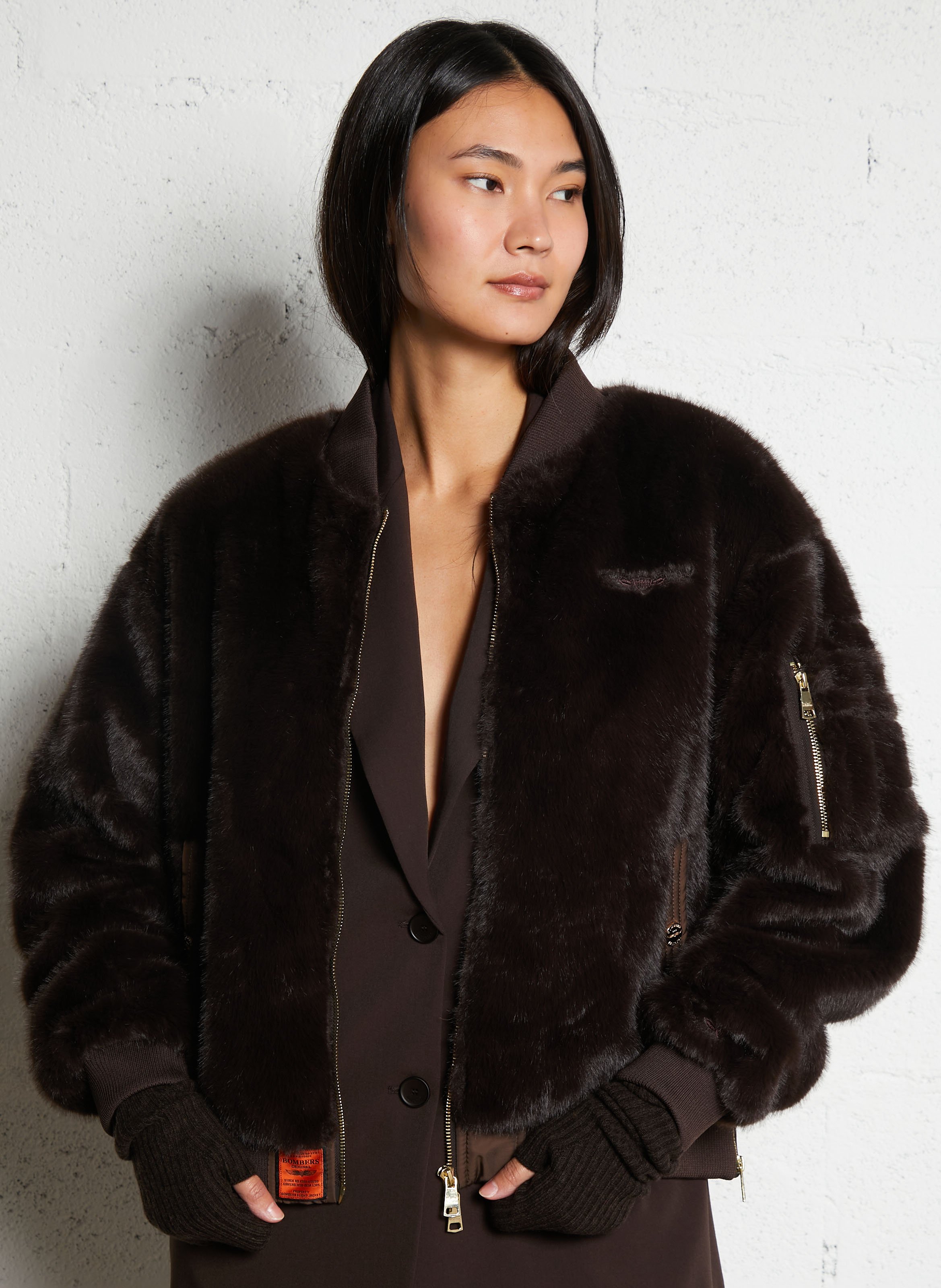 Blouson zippé en fausse fourrure unie BOMBERS ORIGINAL Marron