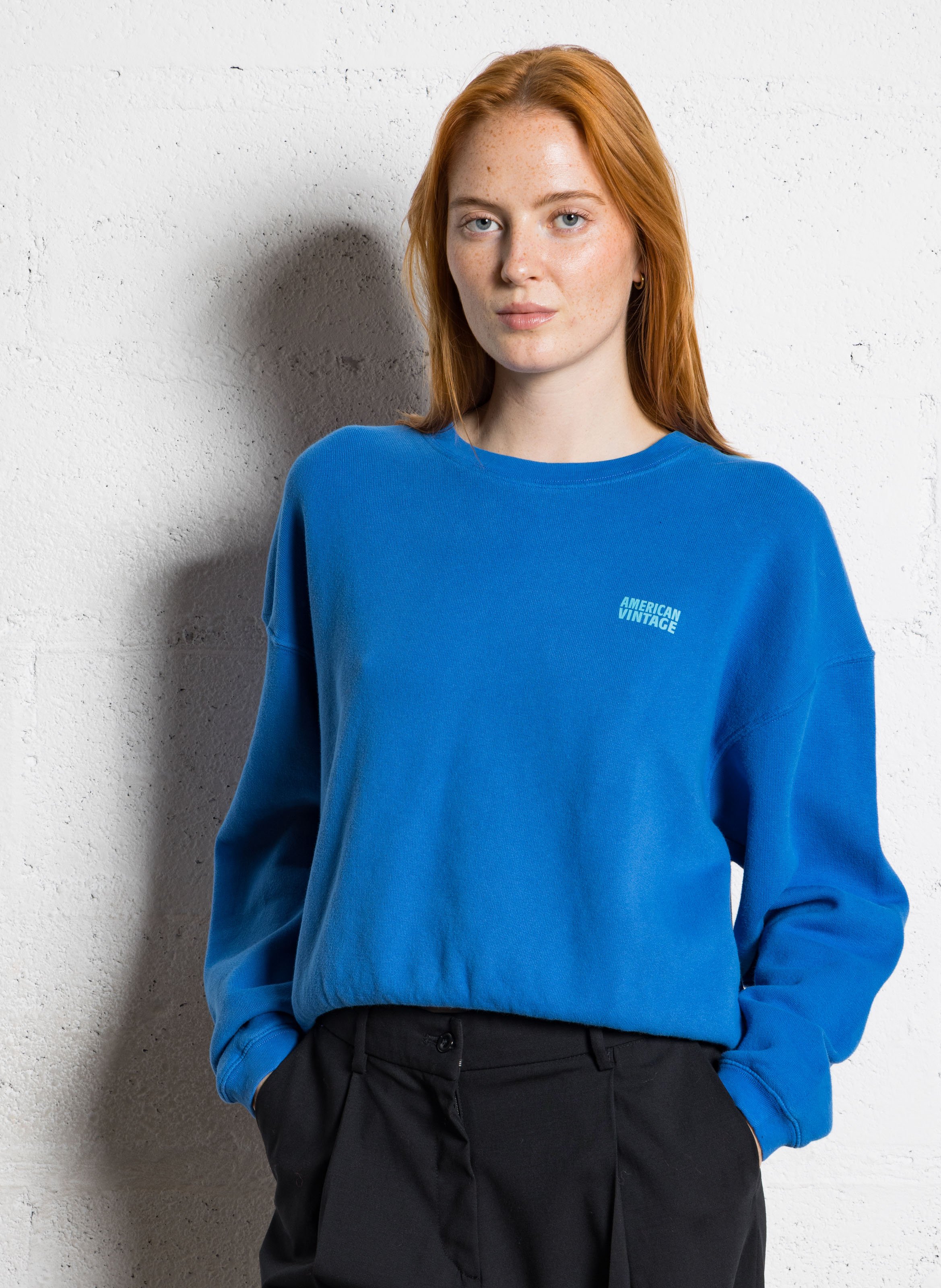 Short round-neck cotton-blend sweatshirt AMERICAN VINTAGE Blue