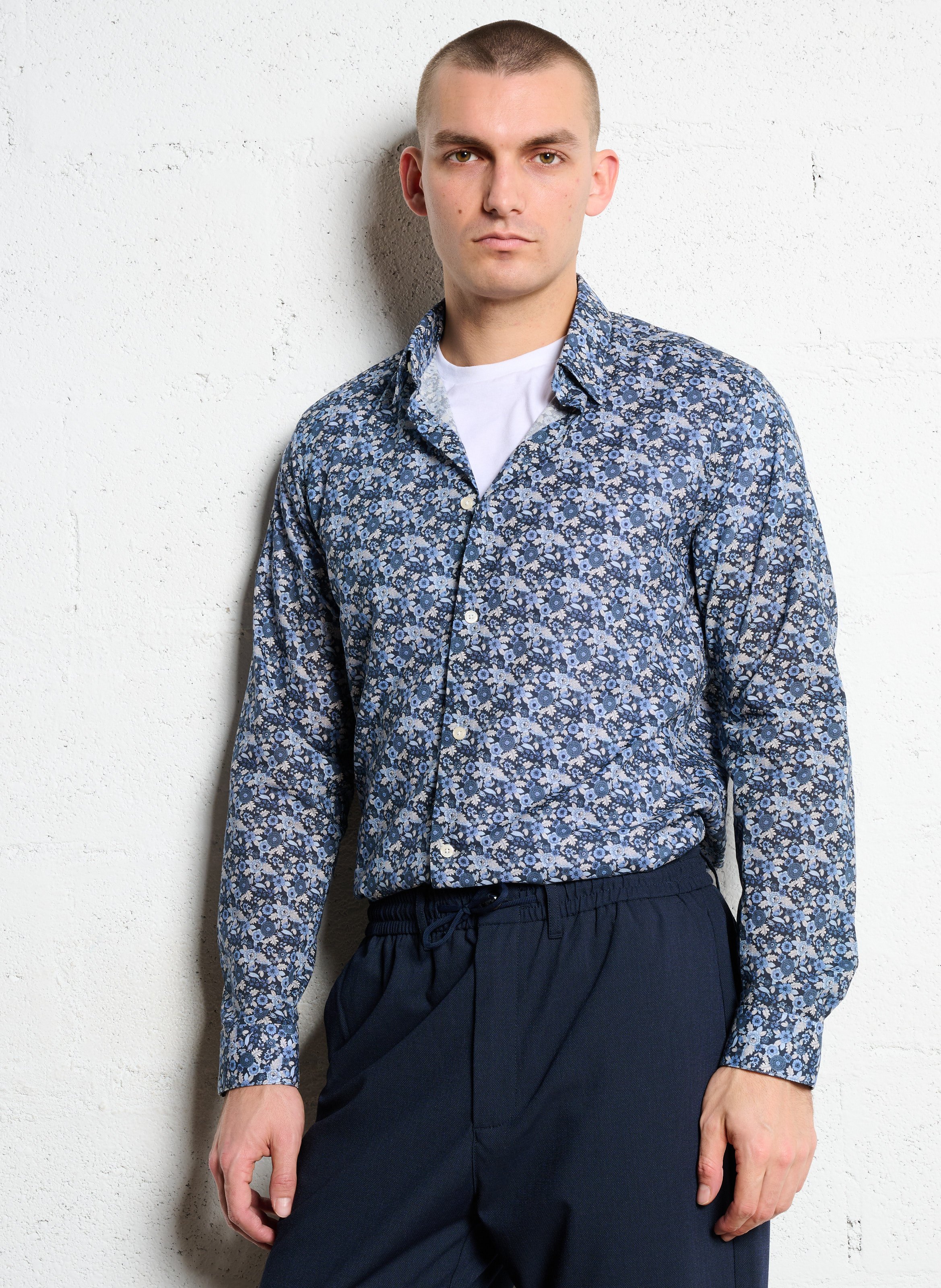 Chemise slim col classique imprimé fleuri en coton AU PRINTEMPS PARIS Bleu