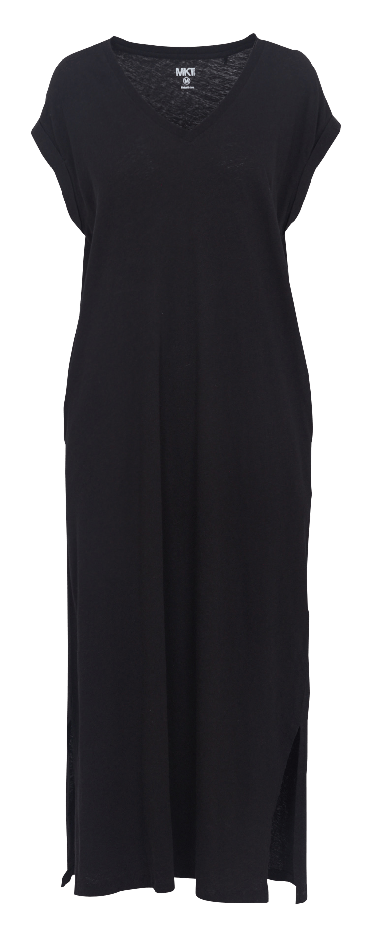 Long v-neck dress in blended cotton and linen MKT Black