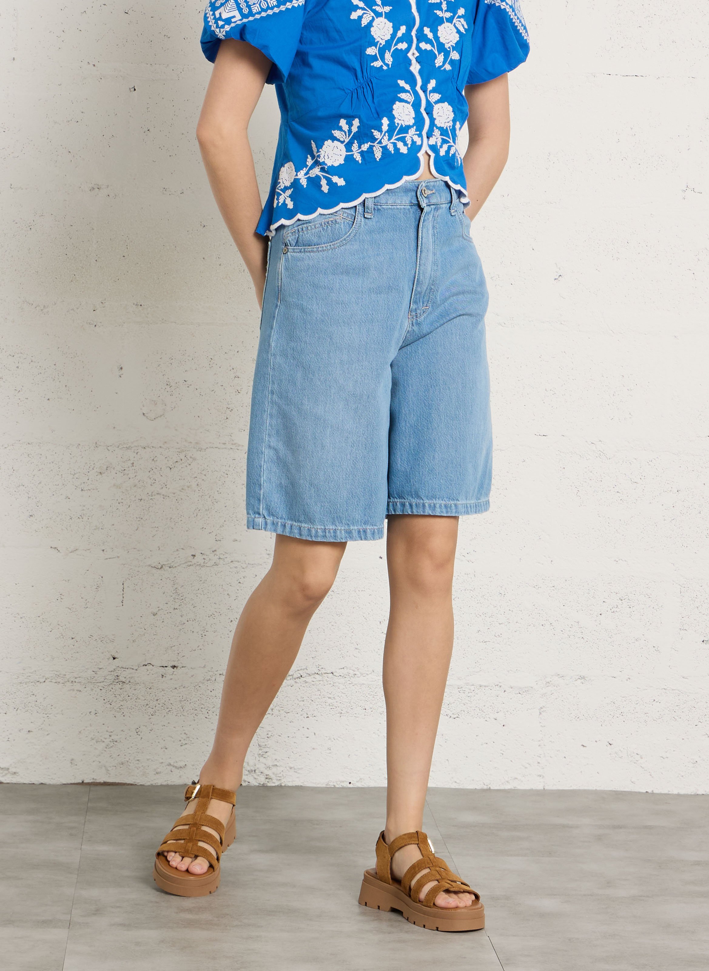 Bermuda met hoge taille in katoenmix. PLEASE Blauw