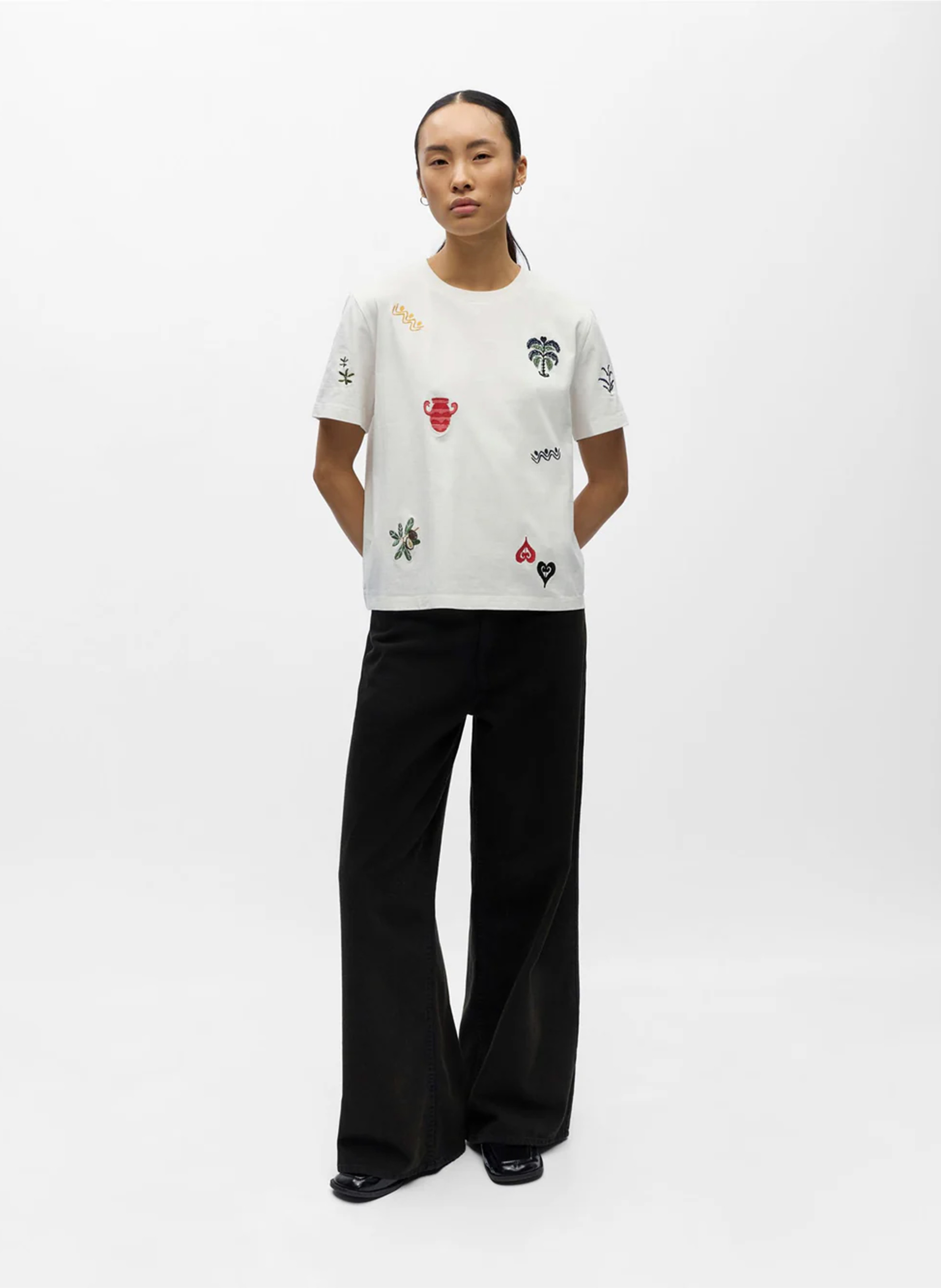 Straight-cut round-neck T-shirt in embroidered cotton OBJECT Beige