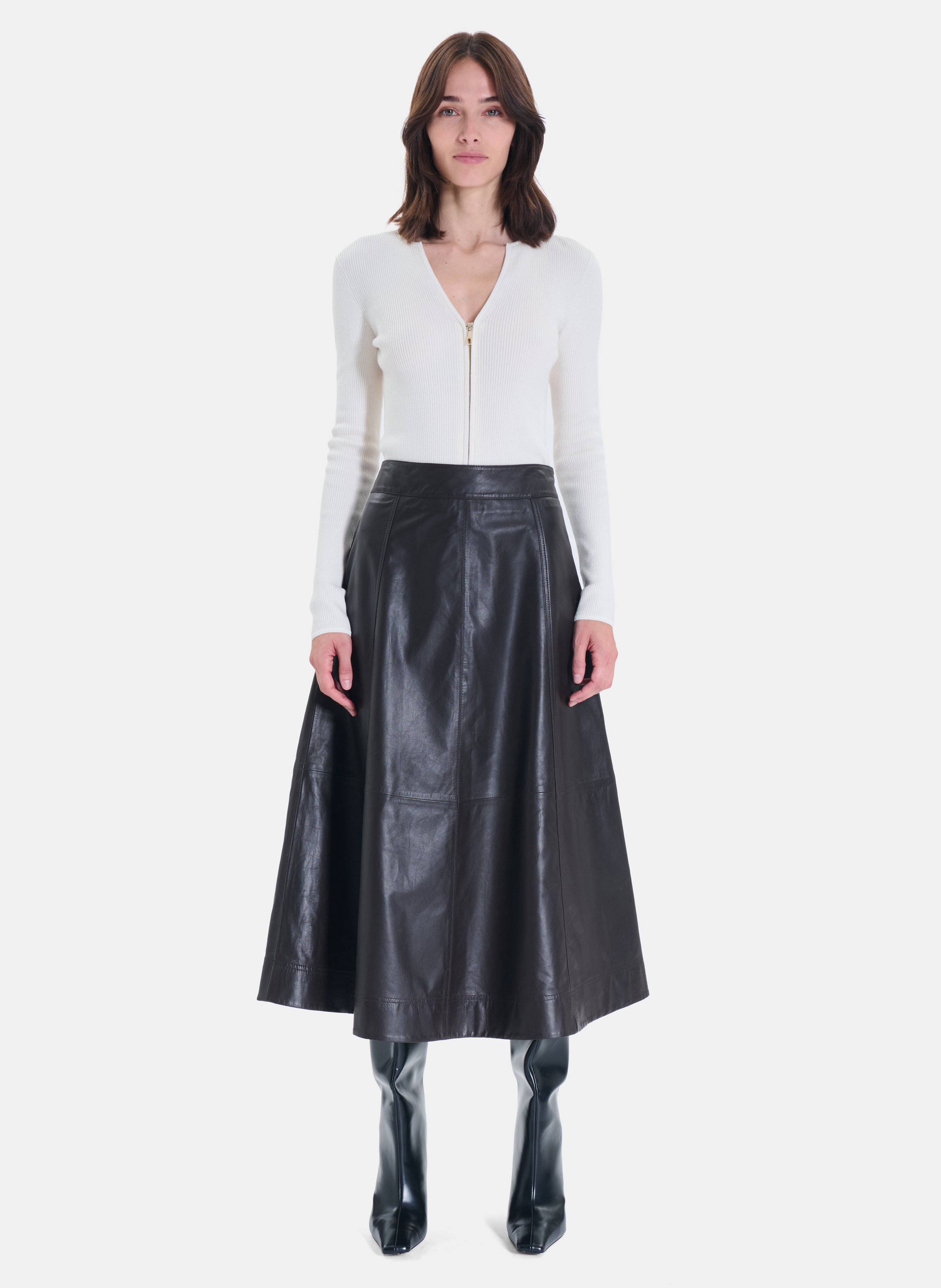 Jupe évasée en cuir ZAPA Marron