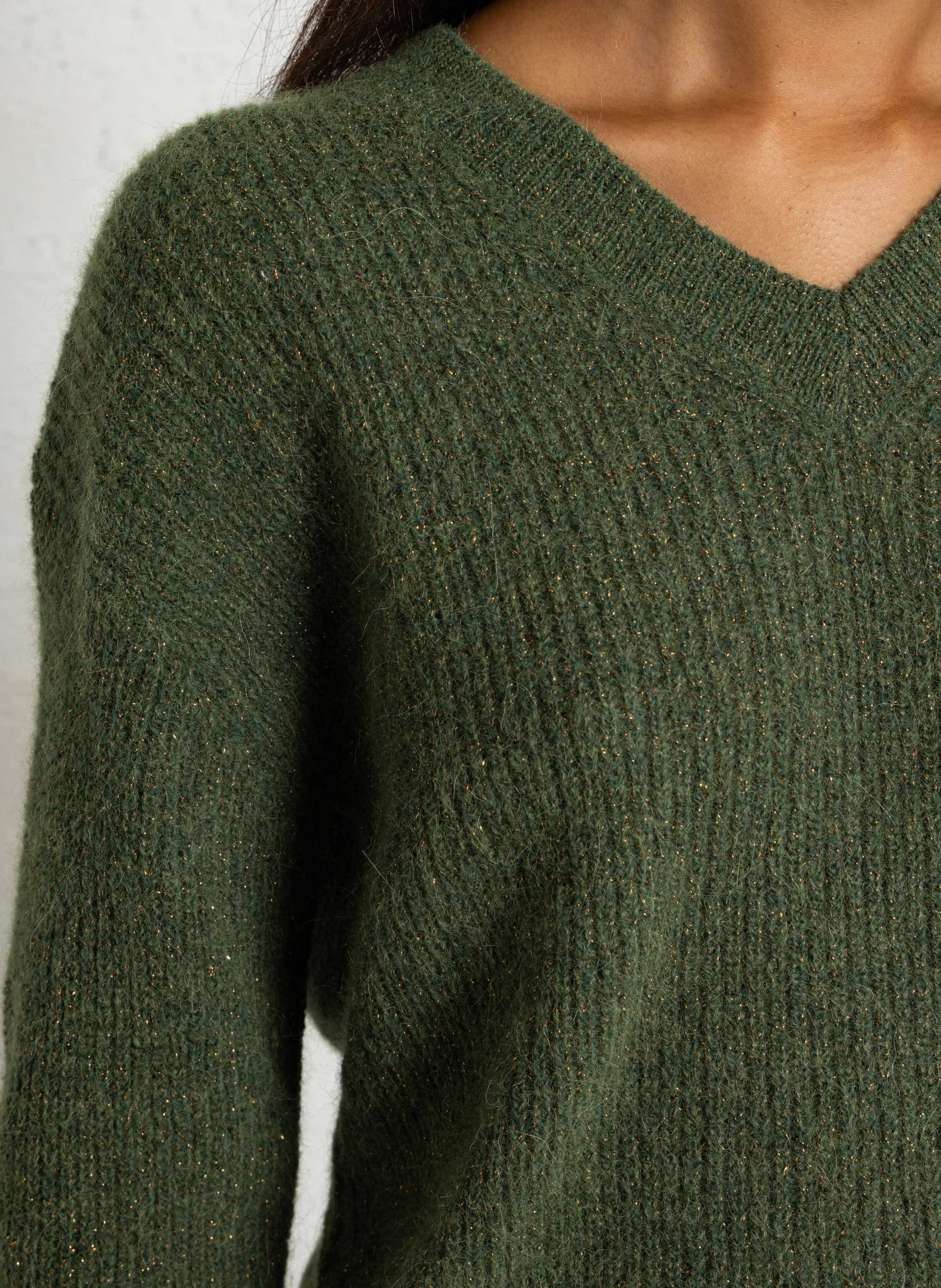 Loose-Fitting V-Neck Sequin Jumper in a Wool Blend SUD EXPRESS Khaki