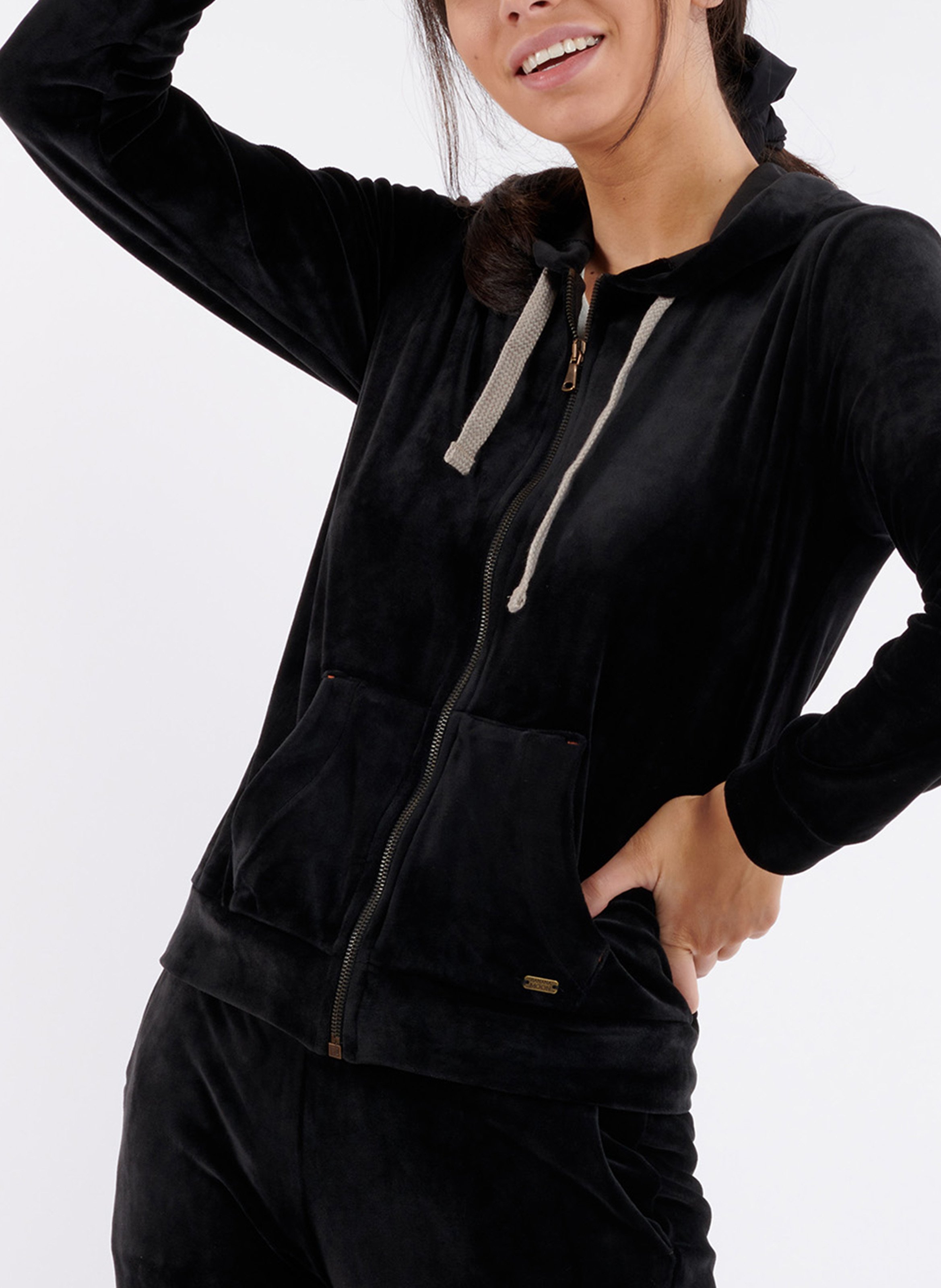 Straight velvet cardigan with hood BANANA MOON Black