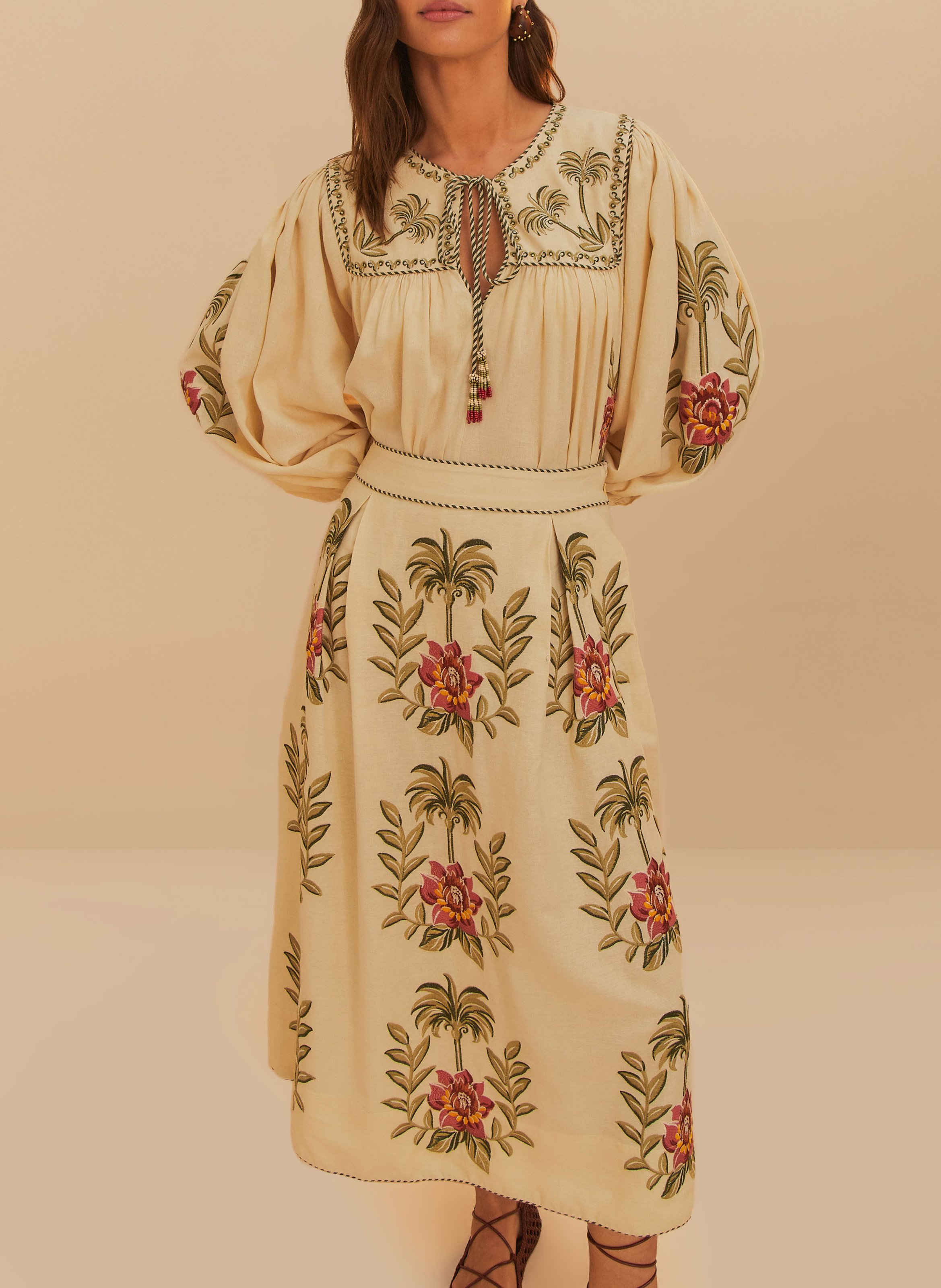 Jupe midi évasée à broderies FARM RIO Beige