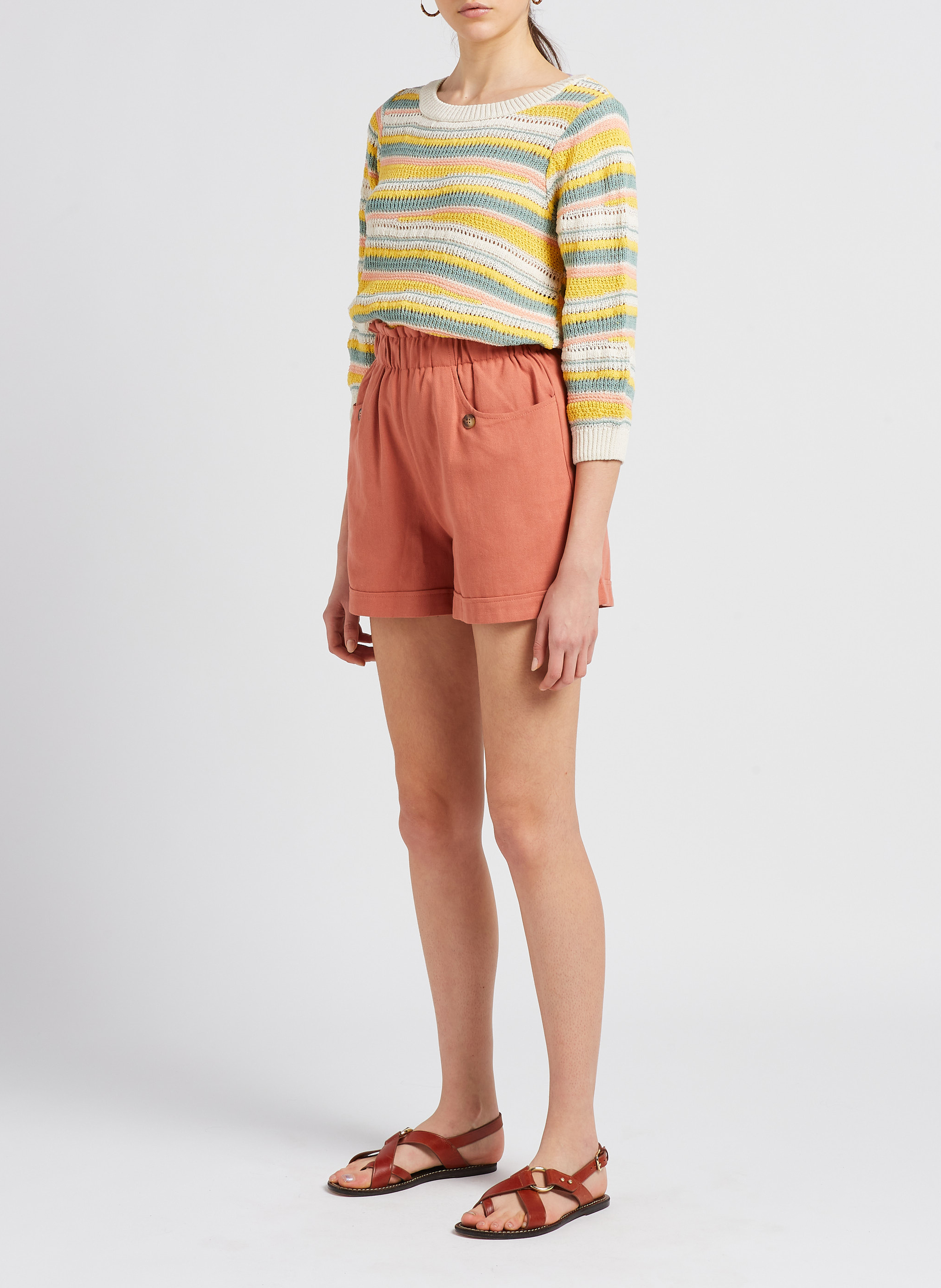 Round-neck striped cotton-blend sweater VILA Beige