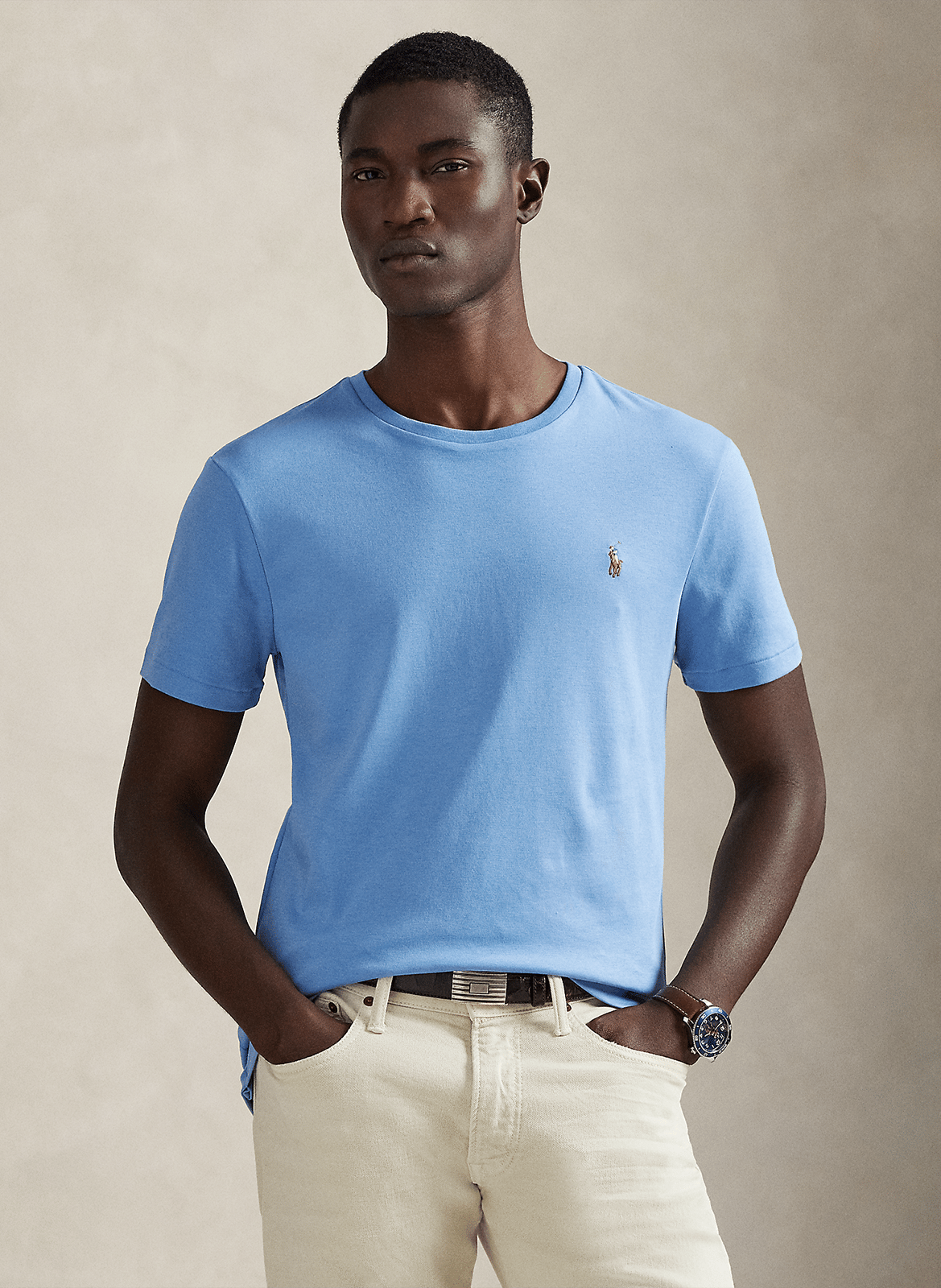 Round-neck slim-fit pima cotton T-shirt with Pony Player POLO RALPH LAUREN Blue
