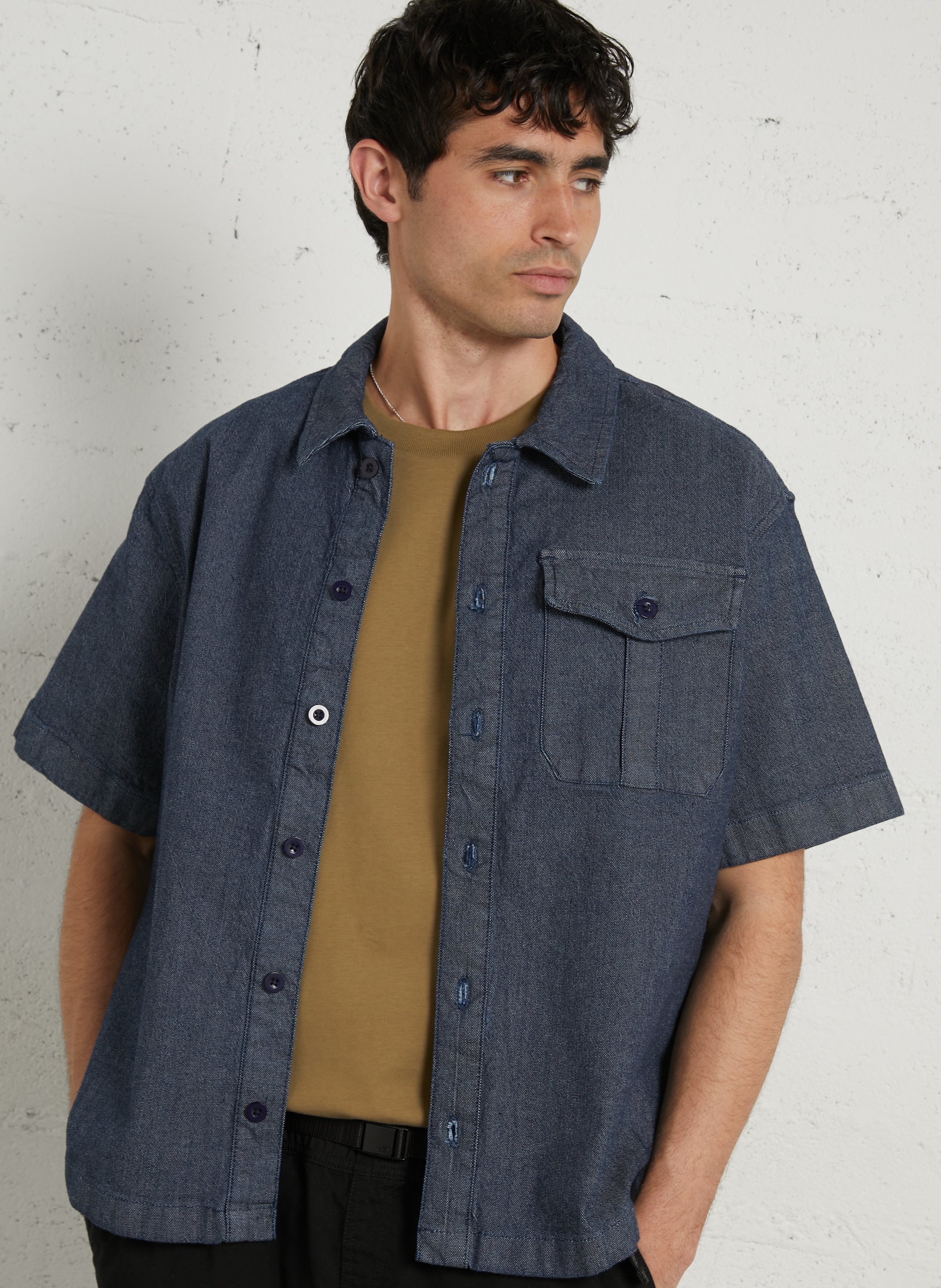 Cotton and linen shirt with classic collar SOLID Blue