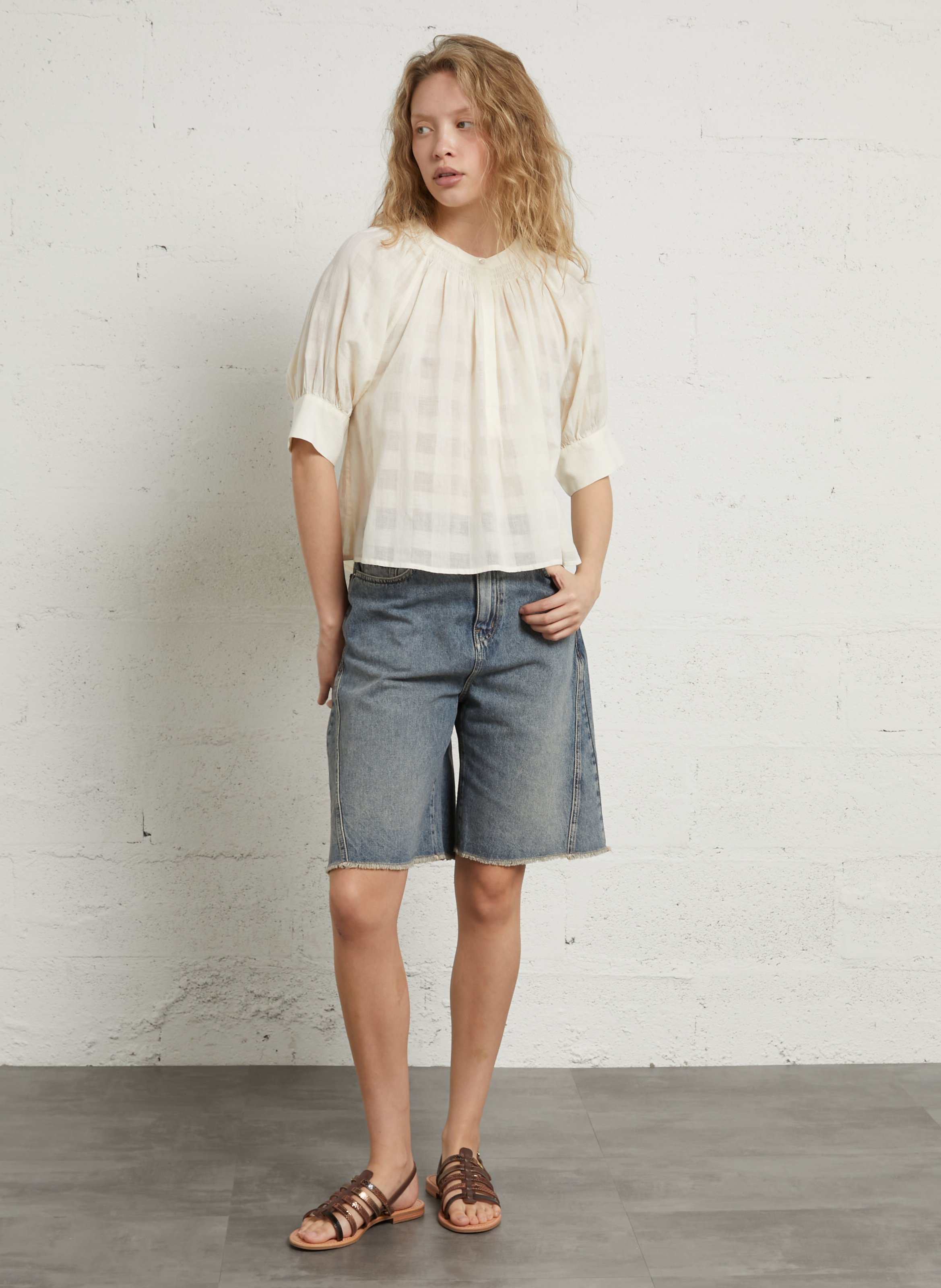 Straight cotton round-neck blouse BELLEPIECE Beige