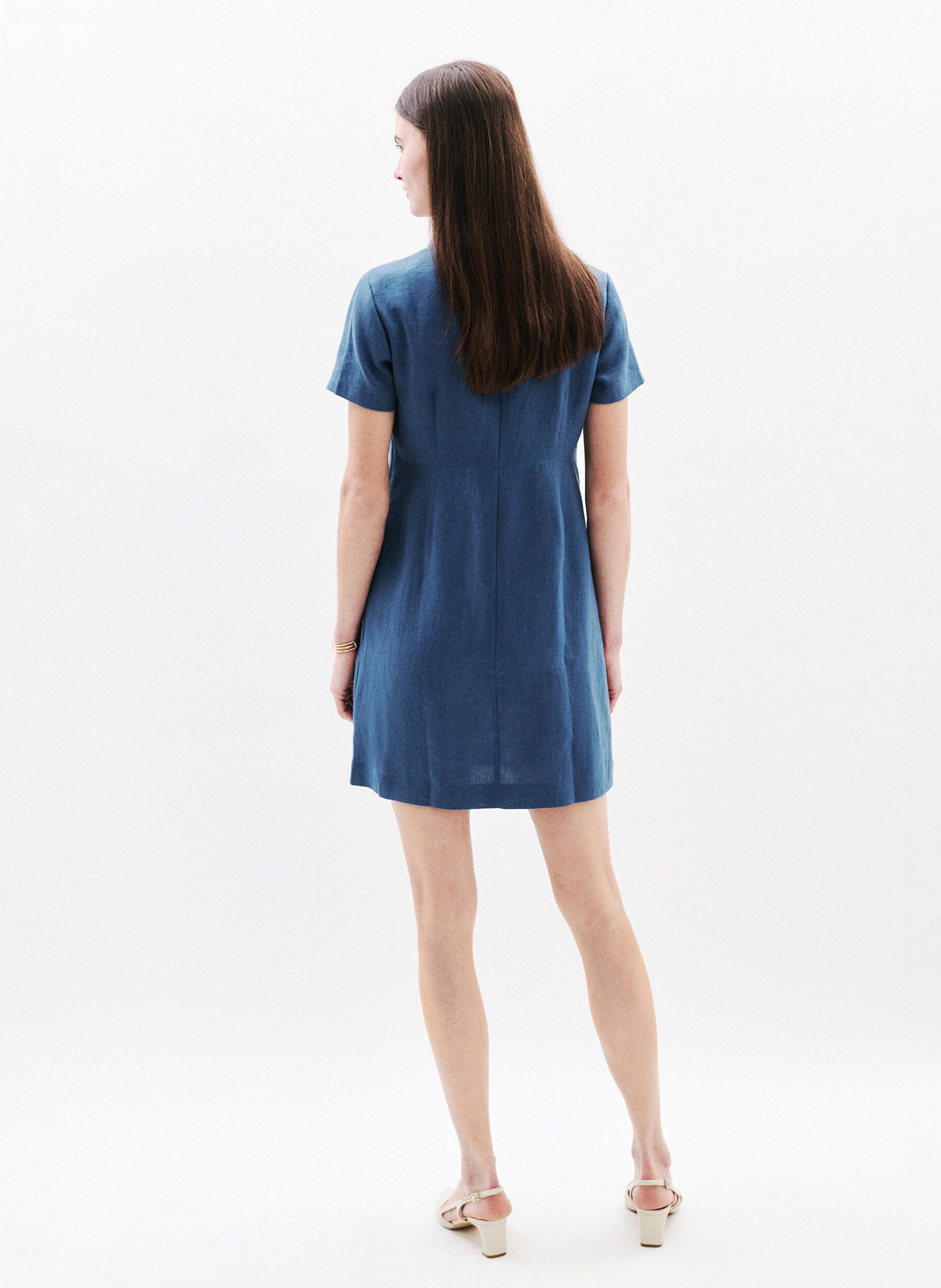 Robe courte droite boutonnée en lin CAROLL Bleu