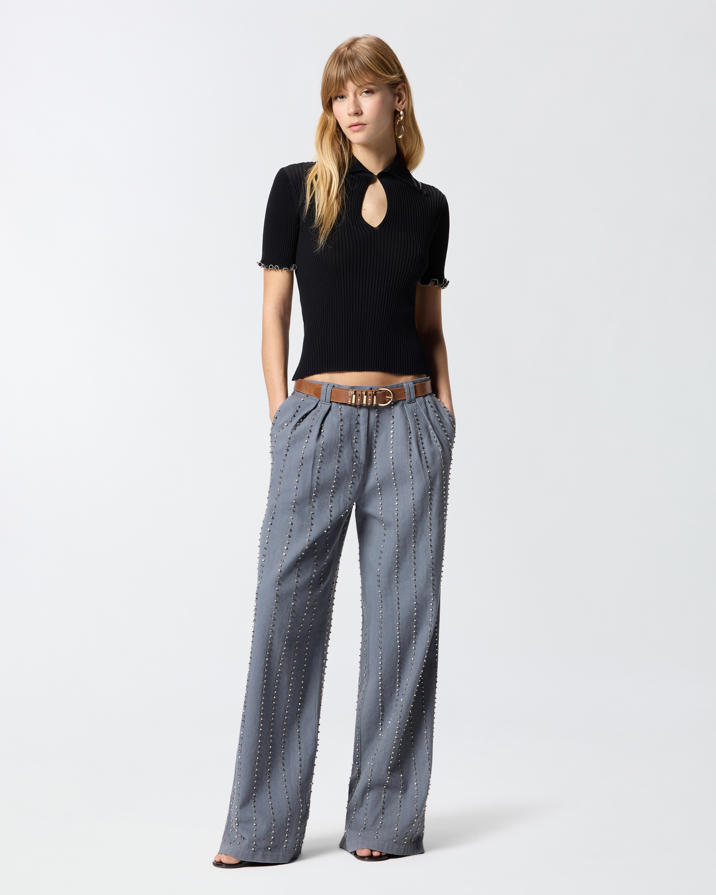 T-shirt côtelé à bords bijoux PINKO Noir