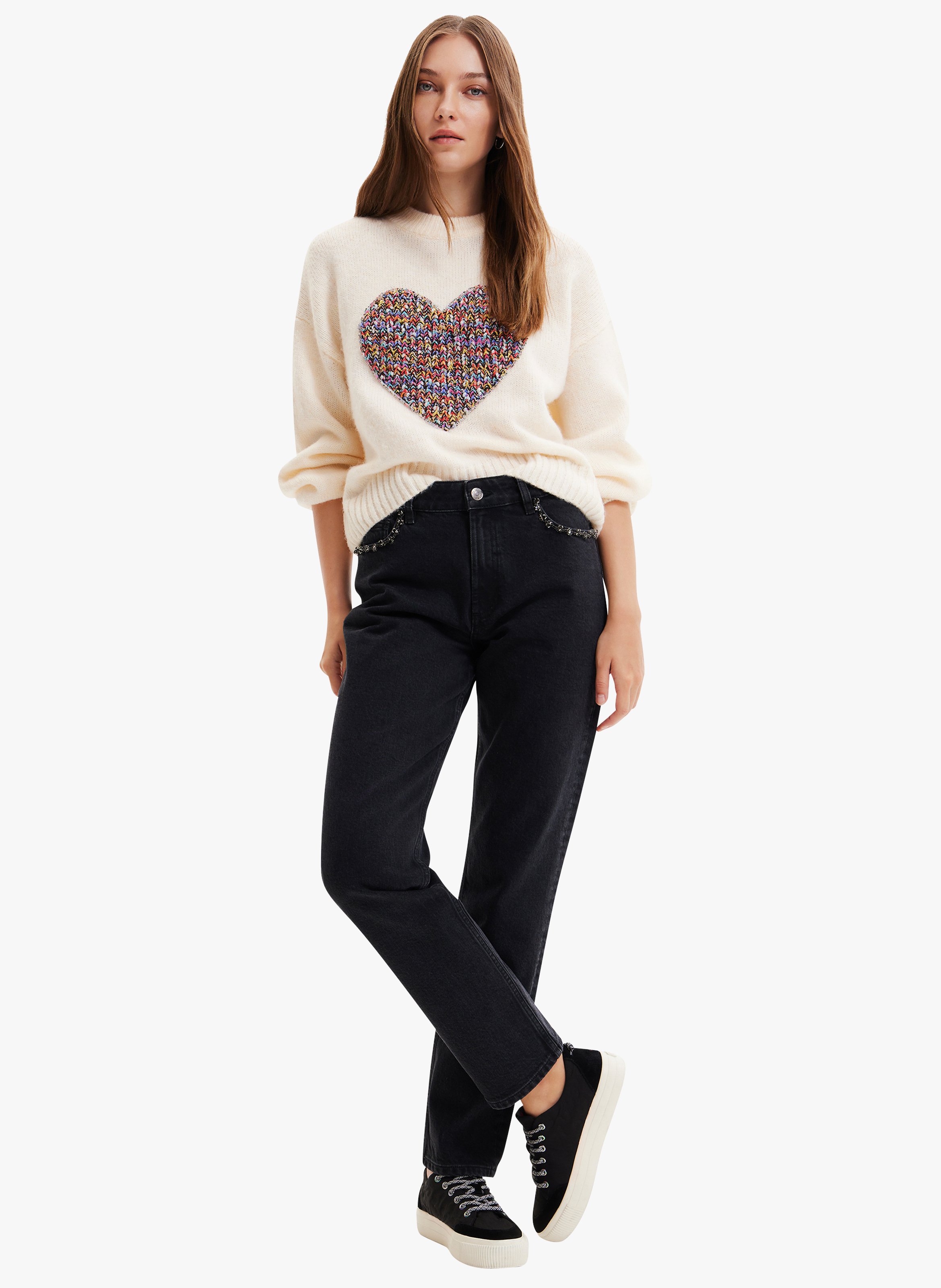 Pull Desigual Femme - Jacquard à Rayures Zébrées Et Broderies Florales - Taille XS Blanc