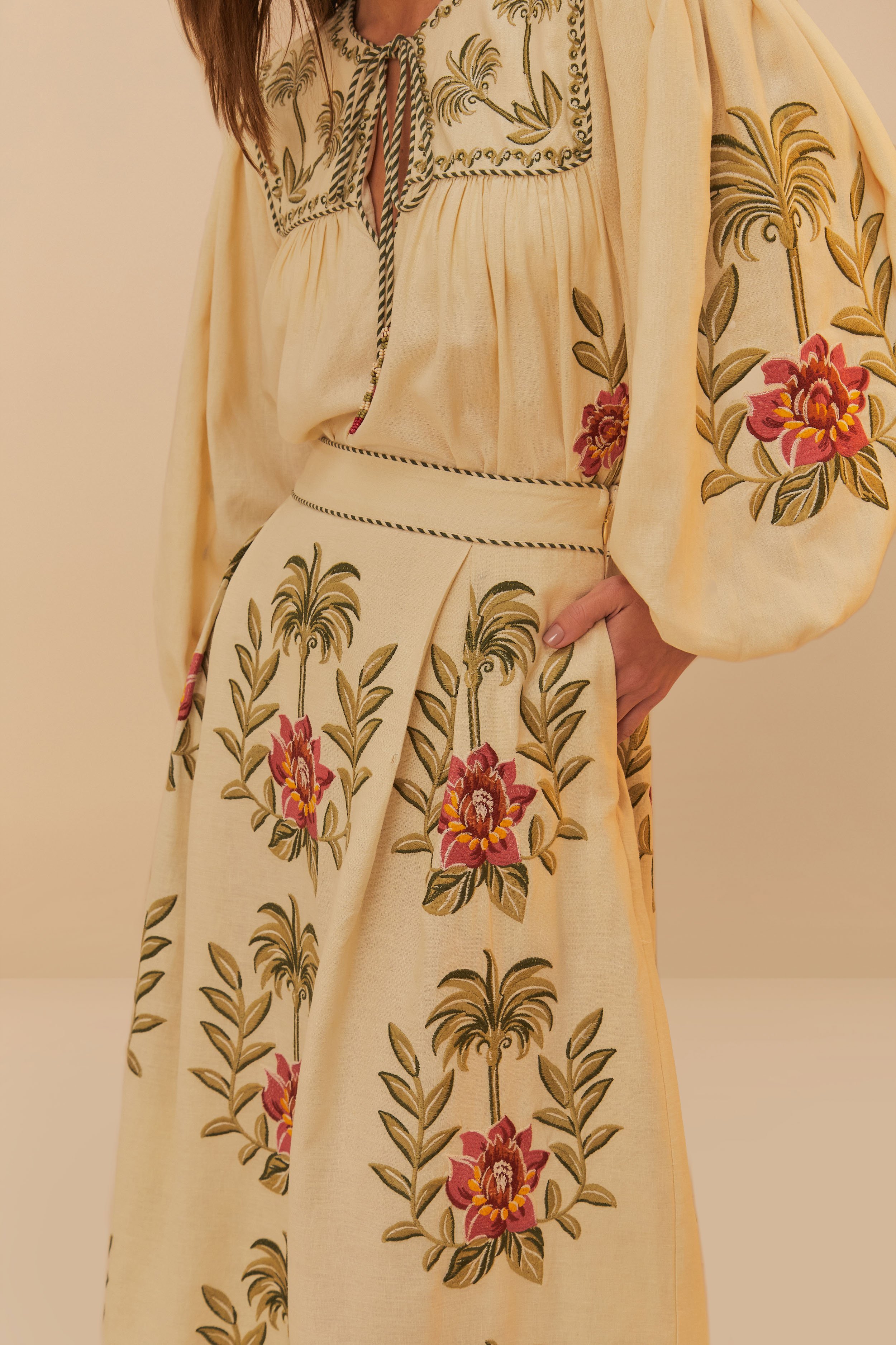 Jupe midi évasée à broderies FARM RIO Beige