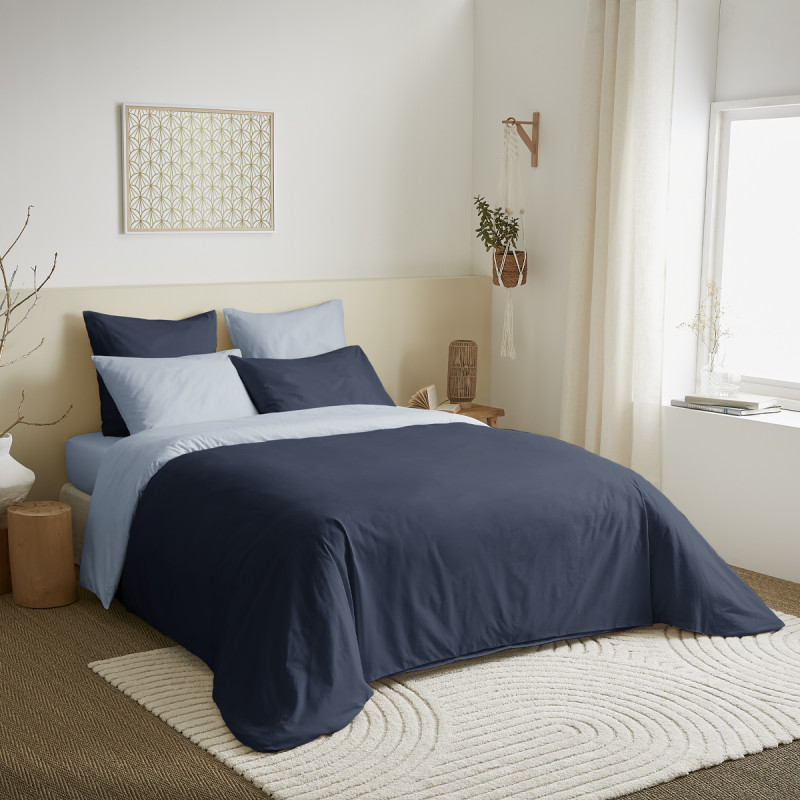 Complete set of 6 pieces navy/blue sky reversible duvet cover for a 180 x 200 cm "king size" bed COTON PUR Blue