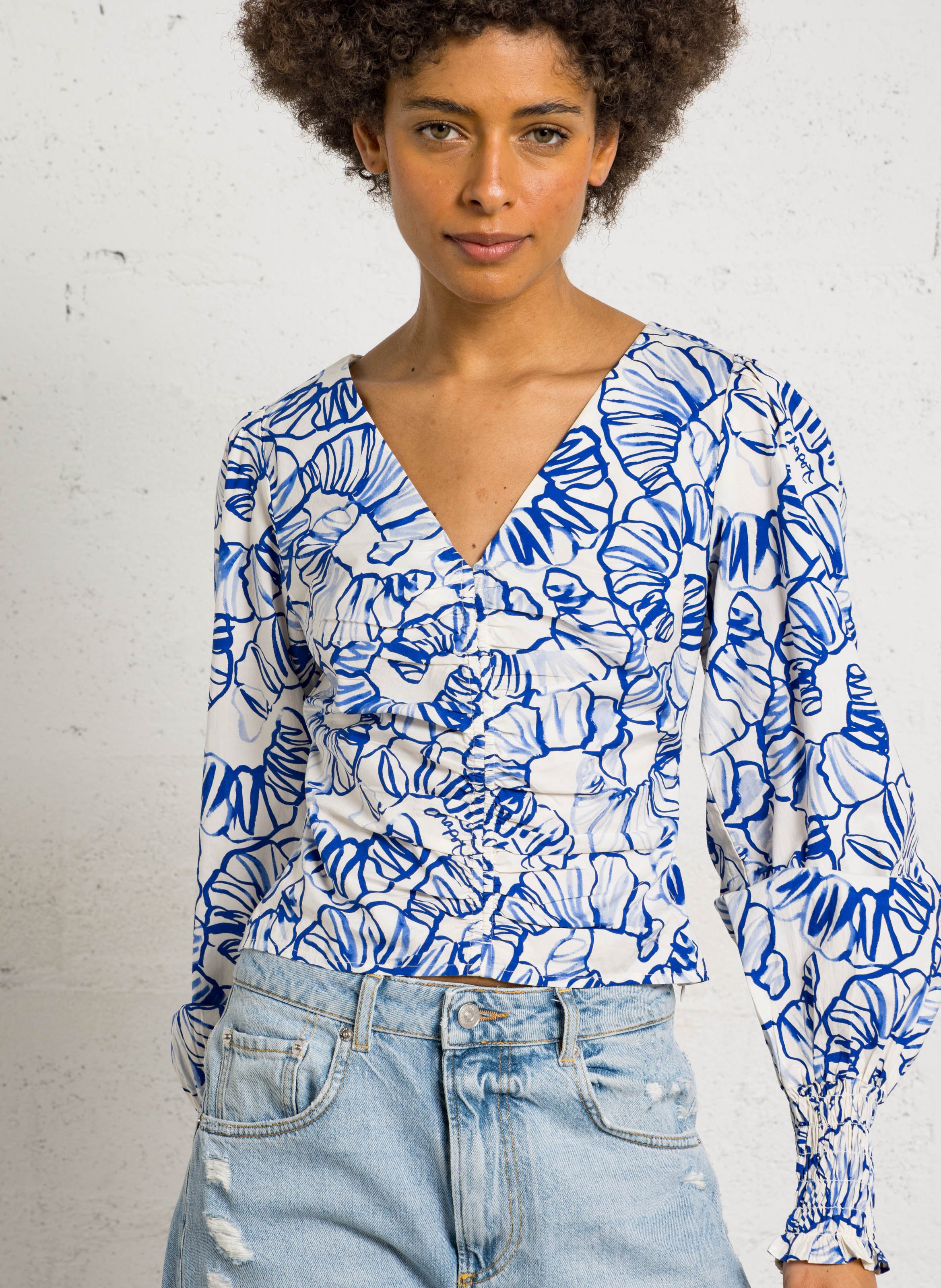 Blusa scollo a V in cotone FABIENNE CHAPOT Blu
