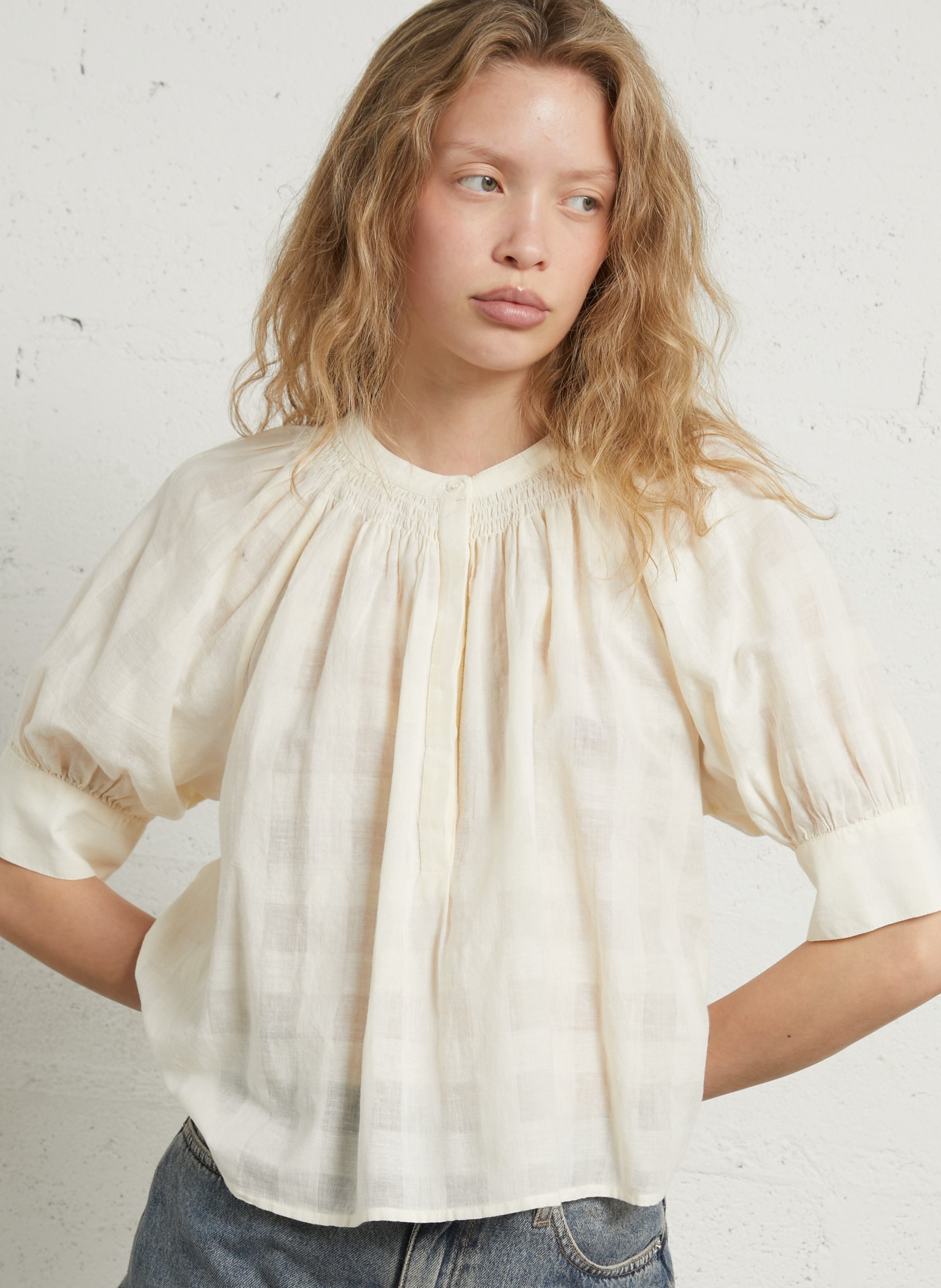 Straight cotton round-neck blouse BELLEPIECE Beige