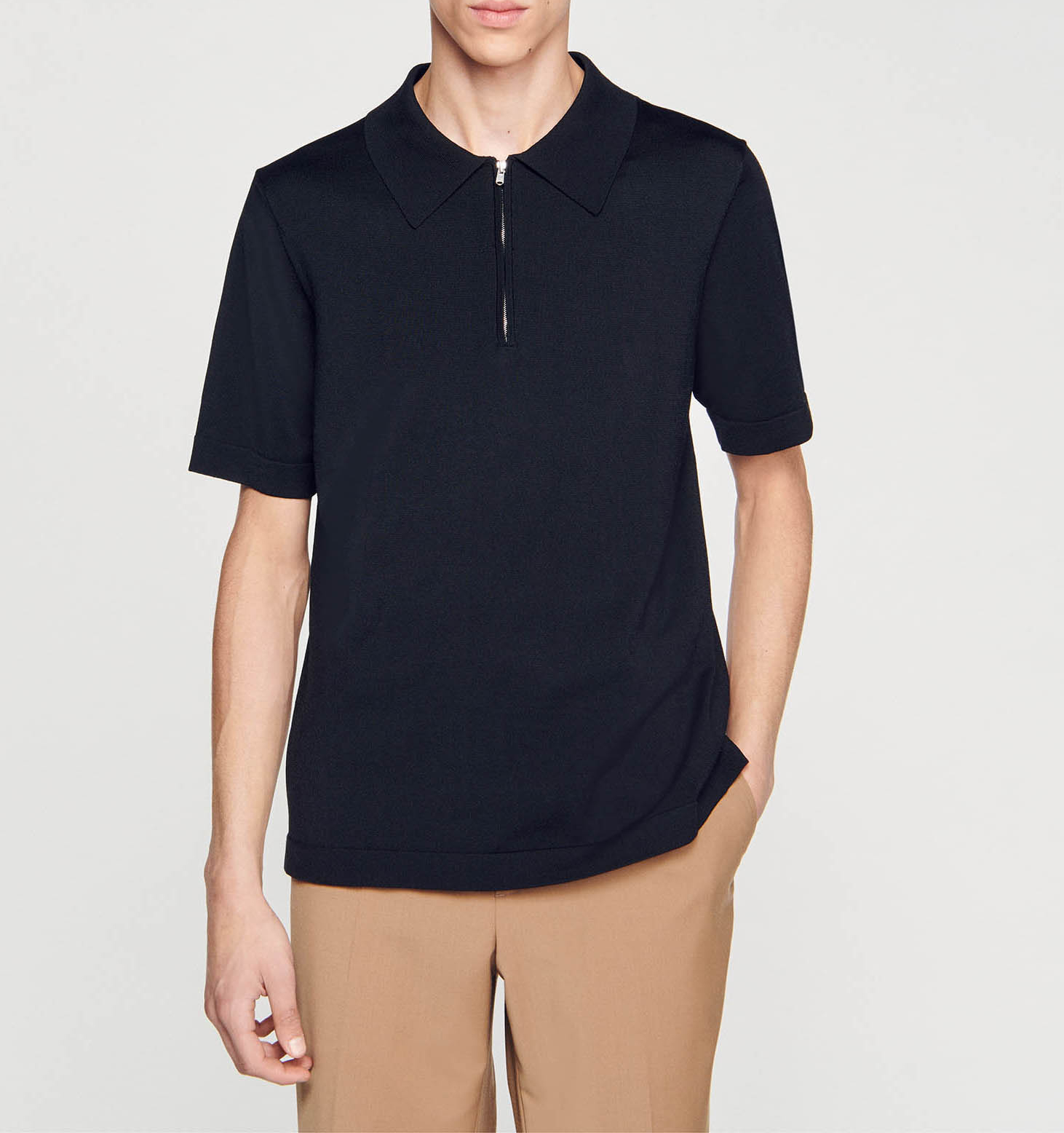 T-shirt manches courtes à col polo zippé SANDRO Noir