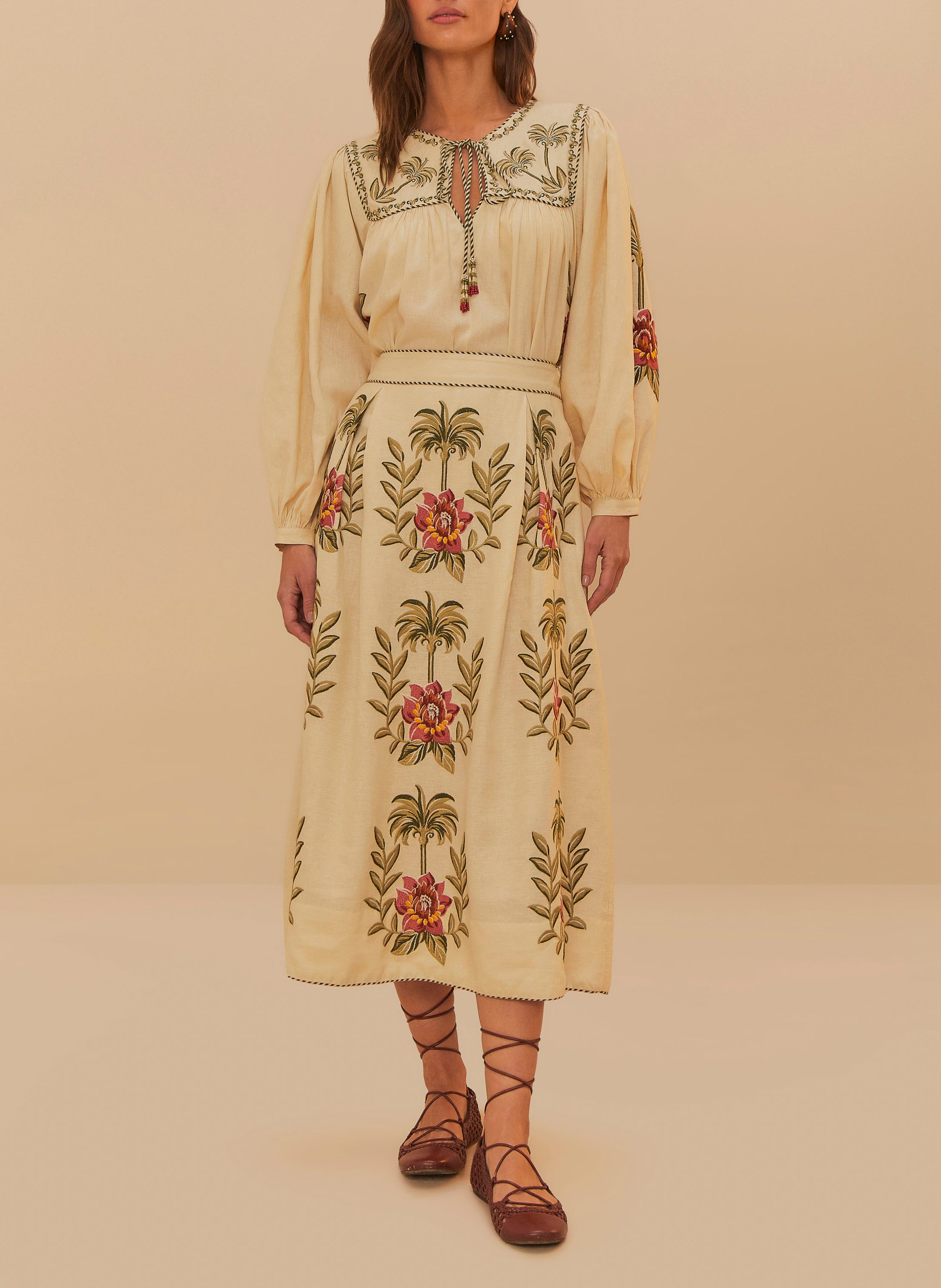 Jupe midi évasée à broderies FARM RIO Beige