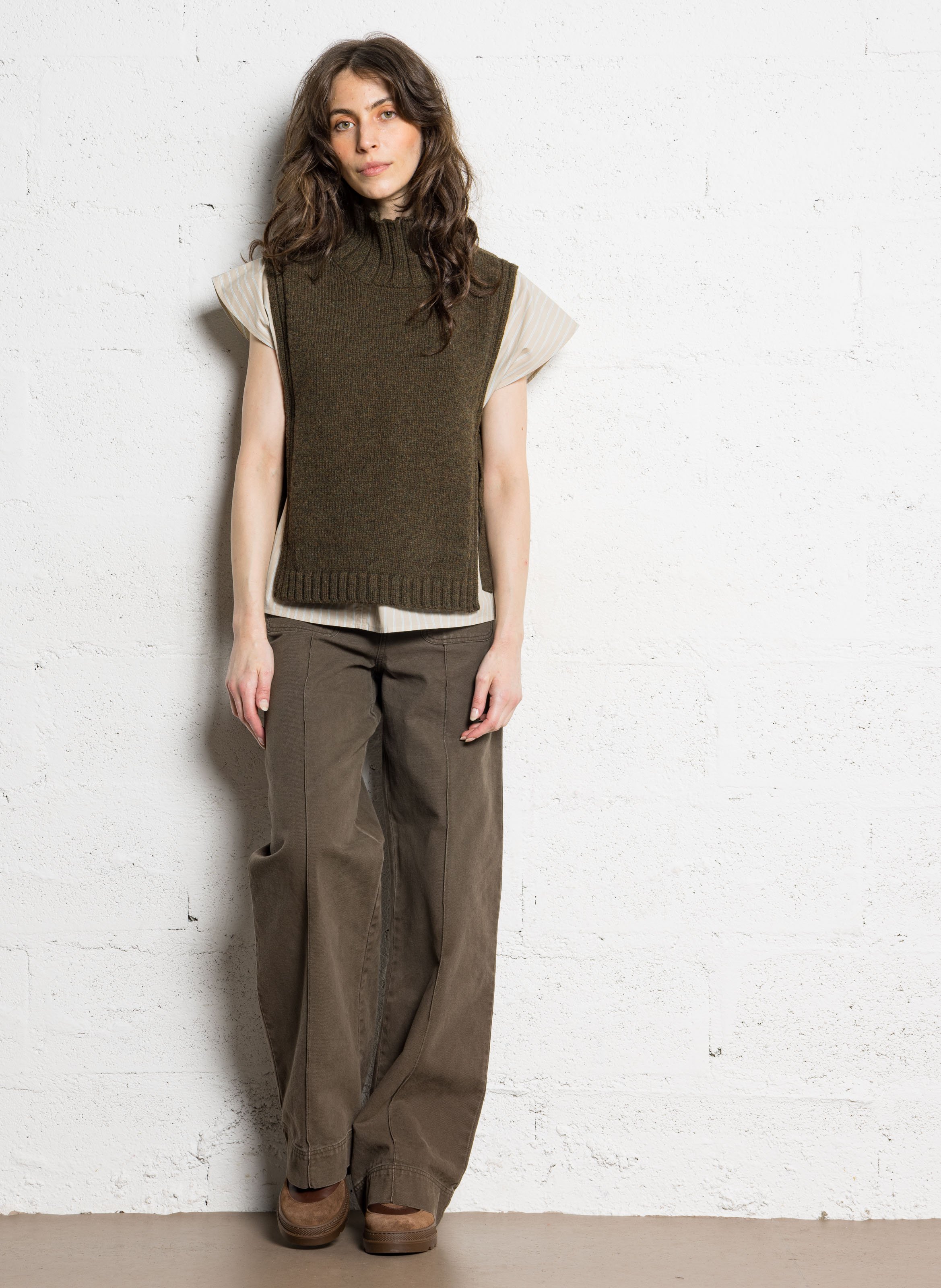 High-neck wool-blend half-shirt SOEUR Khaki