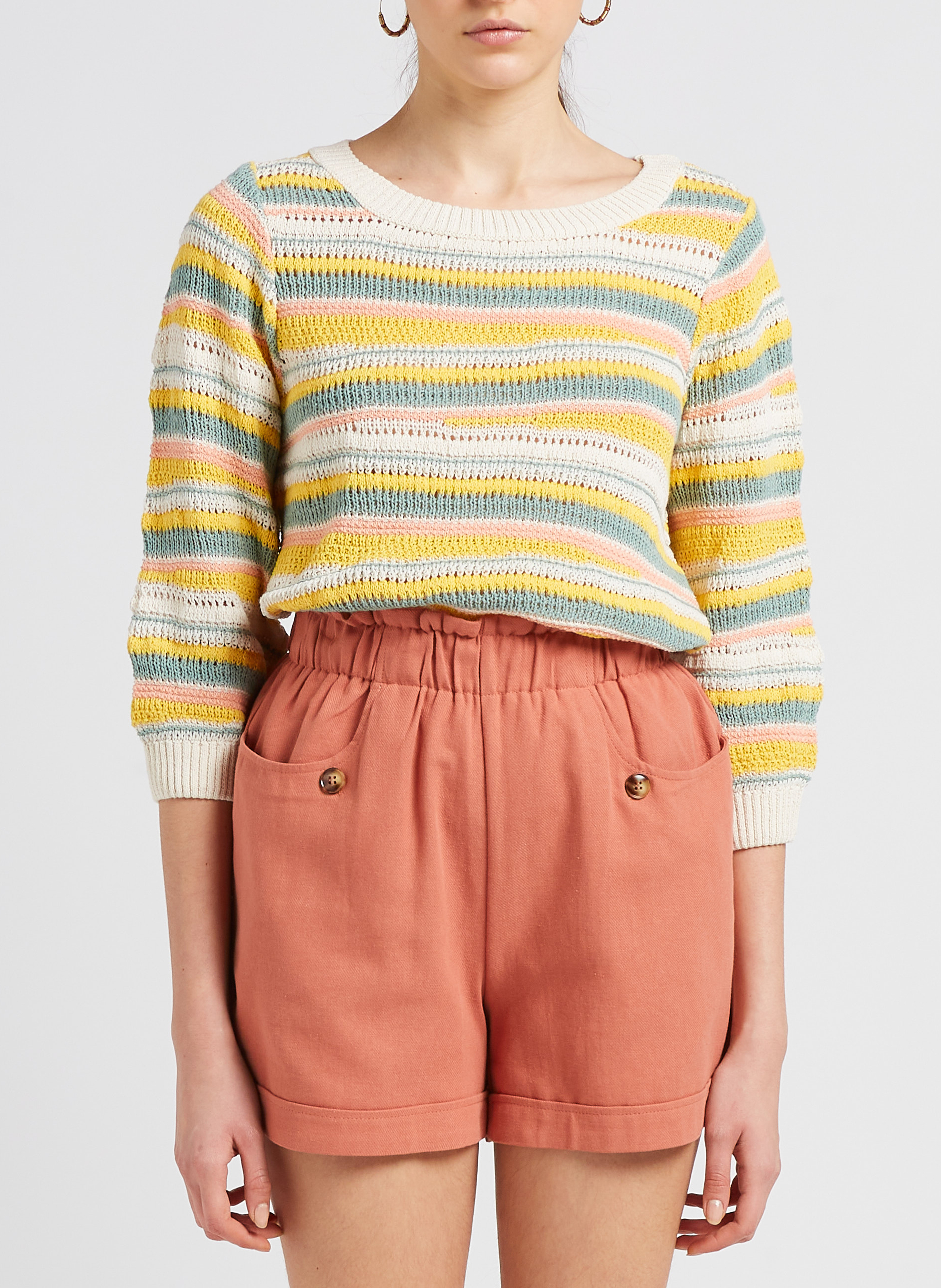 Round-neck striped cotton-blend sweater VILA Beige