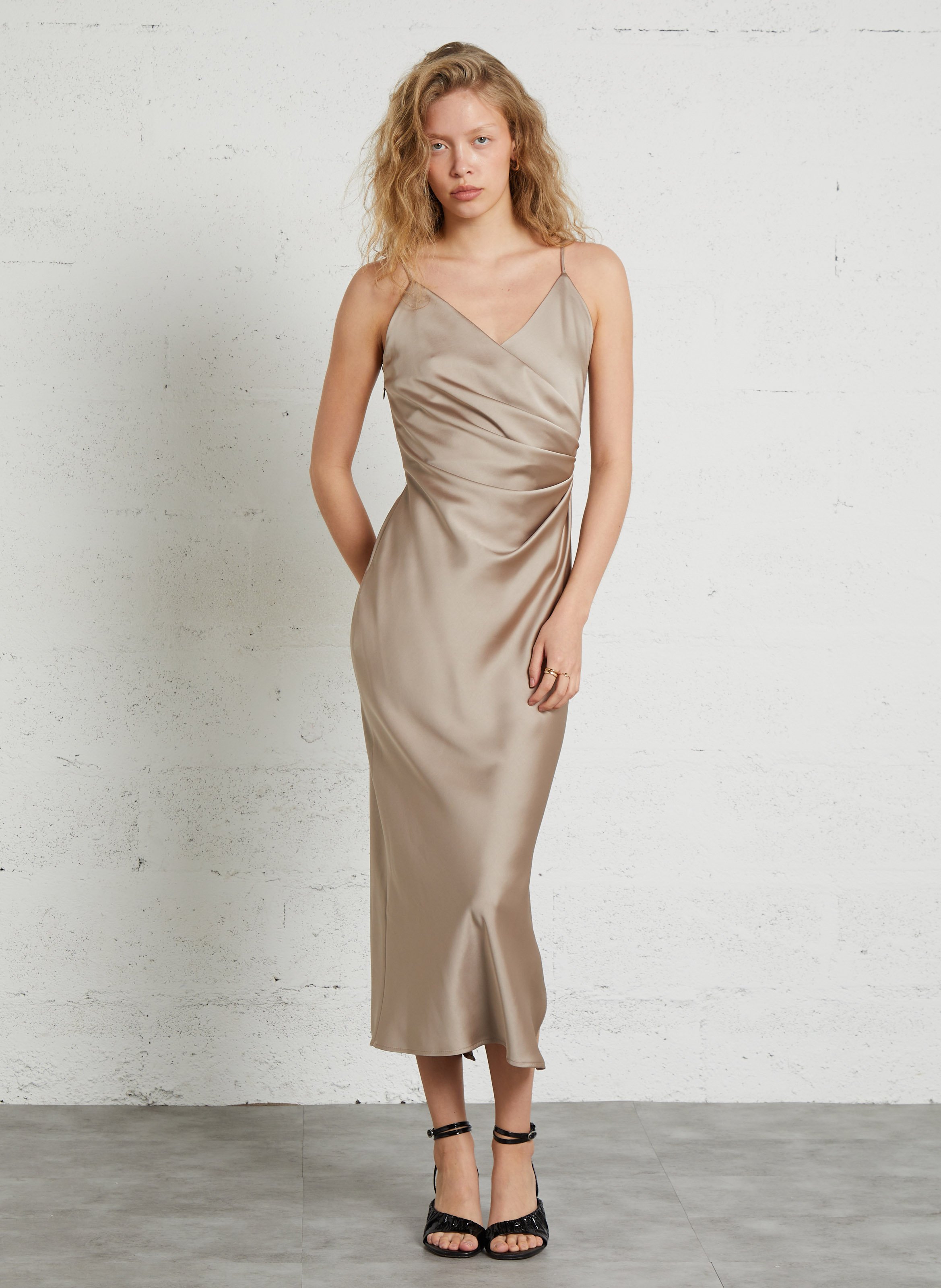 Printed V-neck satin midi dress IMPERIAL Silver