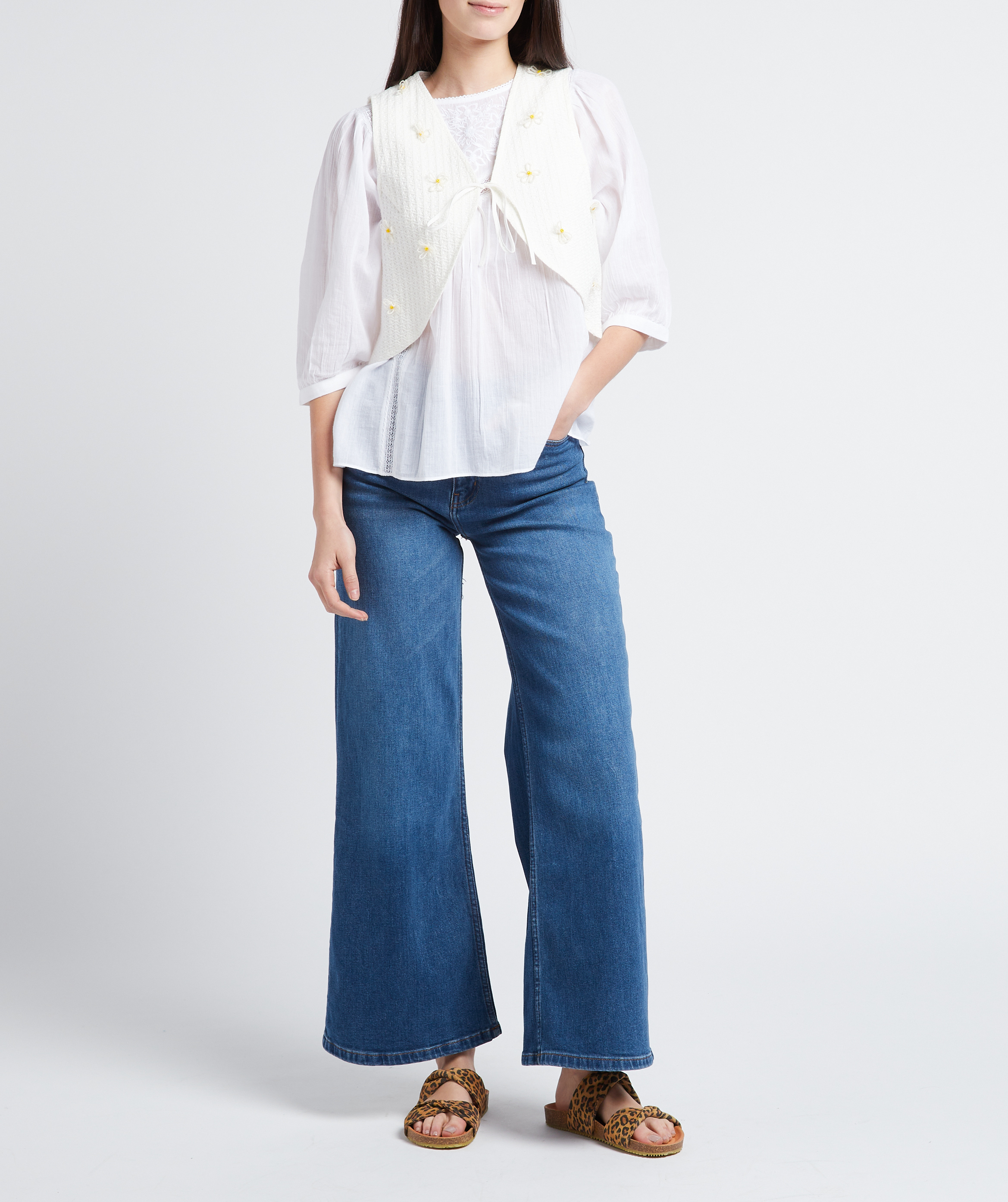 Cárdigan recto de mezcla de algodón con cuello de pico Multicolor