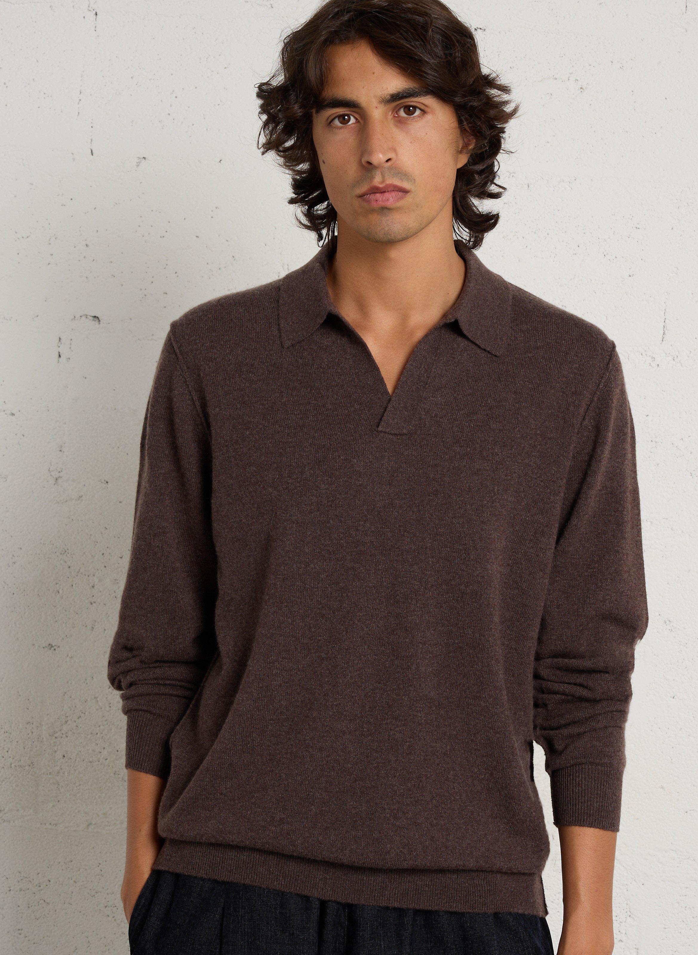 Pullover mit offenem Polokragen aus einfarbigem Kaschmir MAJESTIC FILATURES Braun